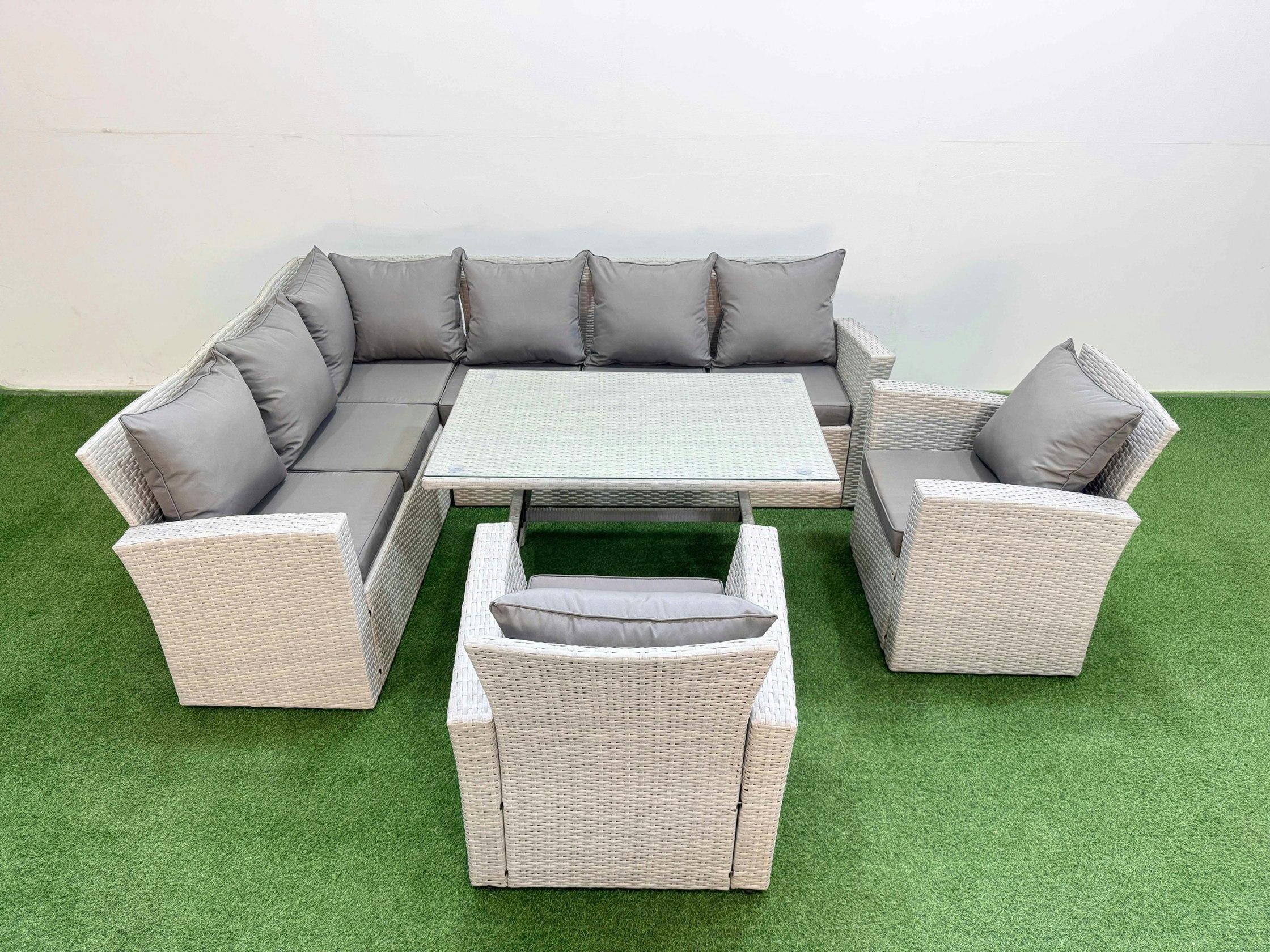 Rackhams Light/Grey Garden Outdoor Rattan Furniture Set Rattan Corner Sofa Oblong Dining Table With 2 Armchairs Mixed 8 Seater