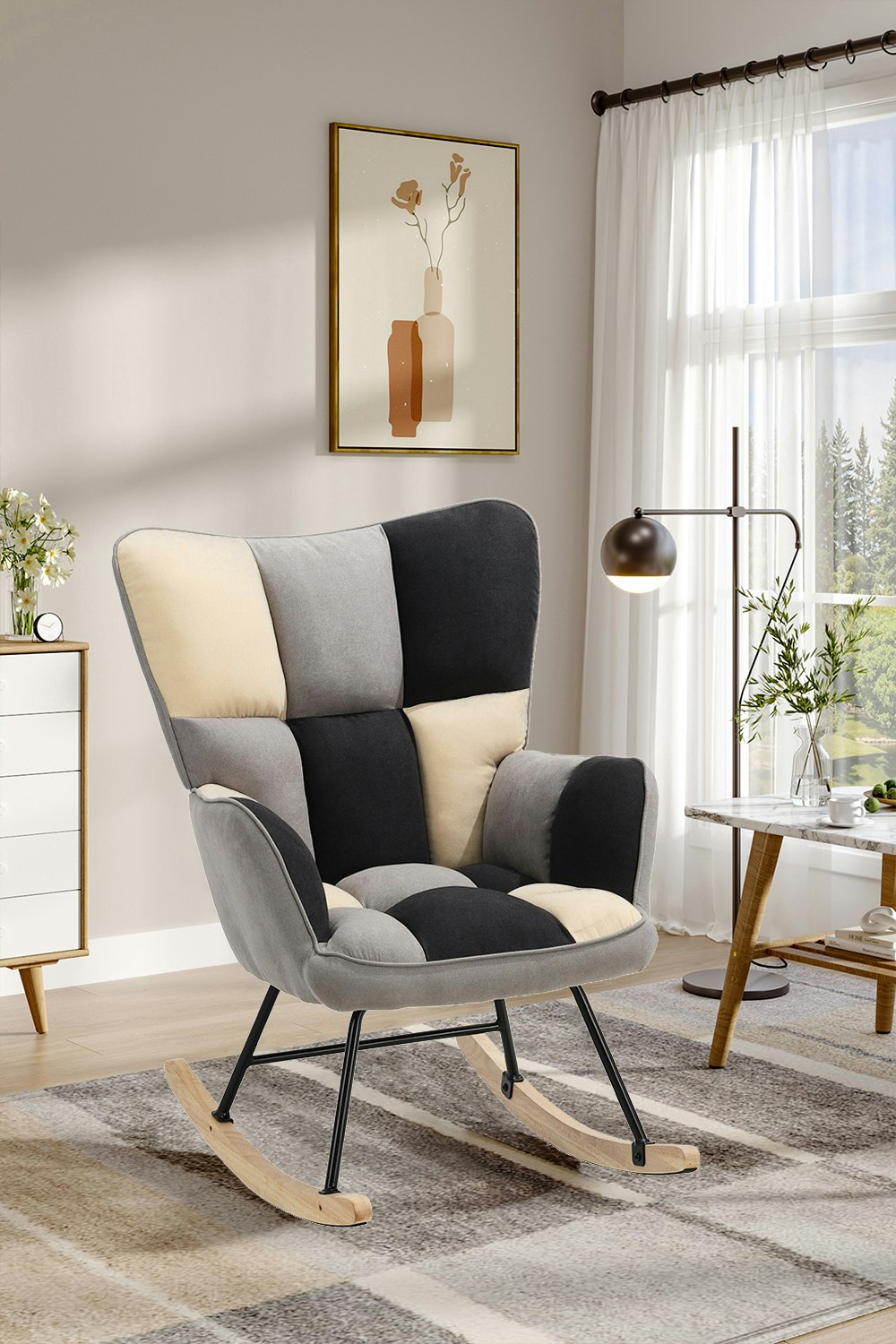 Rackhams Beige/Grey/Black Check Tufted Linen Patchwork Rocking Chair - Multi