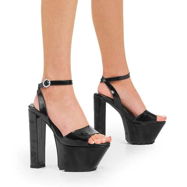 Lamoda Women's Black Not Over Yet Patent Platform Sandals Trendy Summer Fashion - Uk3