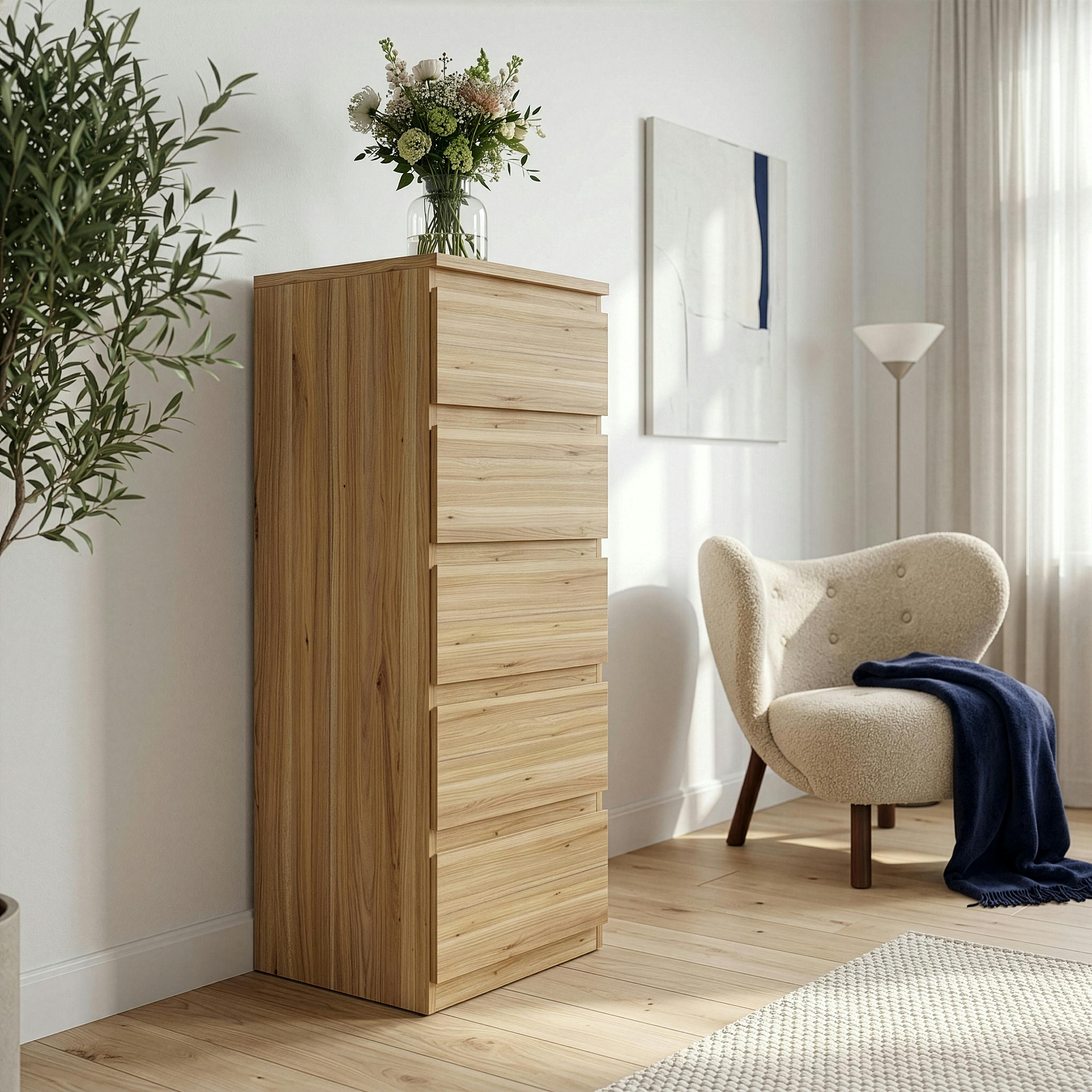 Furniture To Go Edmore 5 Drawer Tall Narrow Chest In Mauvella Oak - Standard - Mauvella Oak - Manufactured Wood