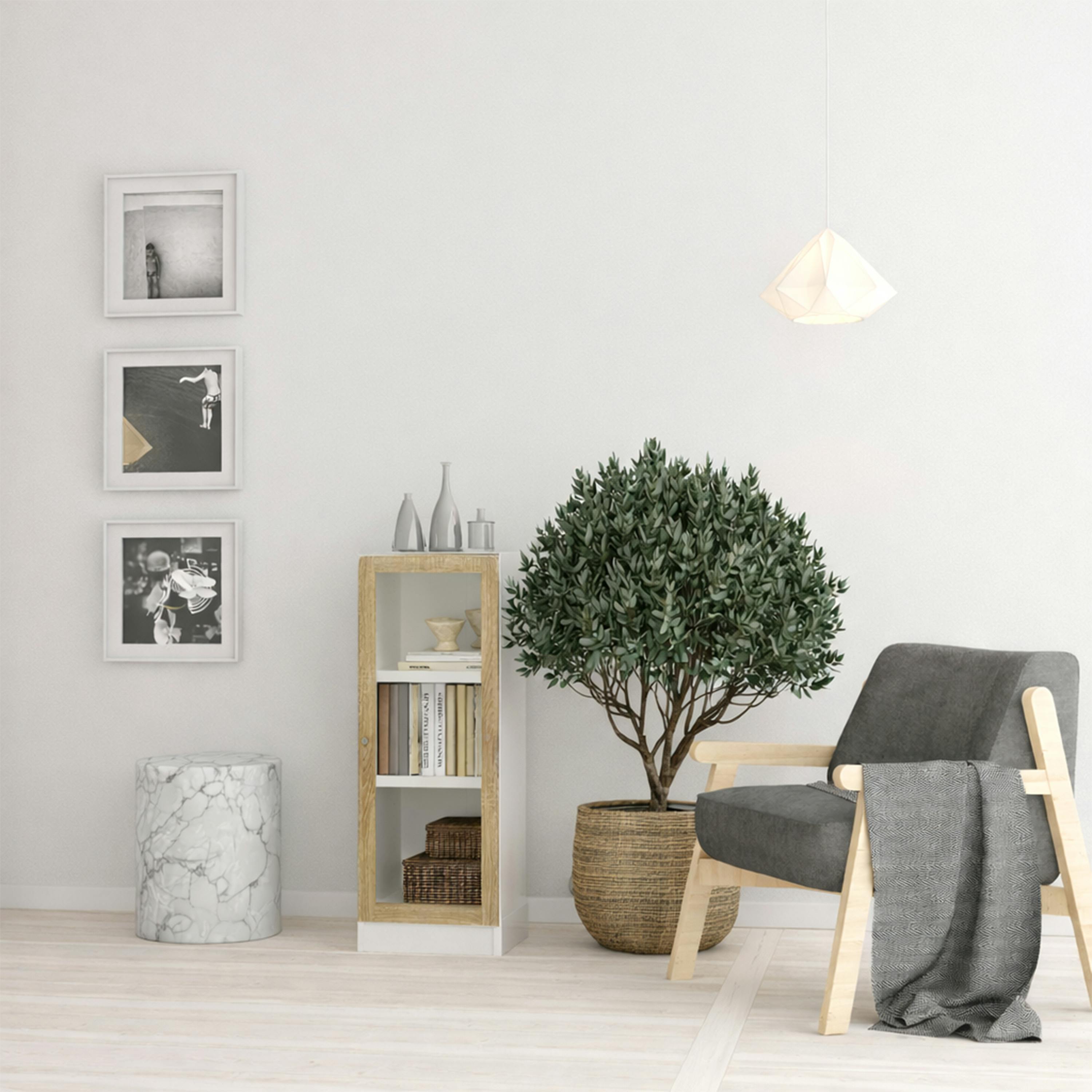 Furniture To Go White Basic Low Narrow Display Cabinet In (2 Shelves) With Glass Oak Door - Matt - Oak & - W 40.6 X H 107.2 X D 26.7Cm
