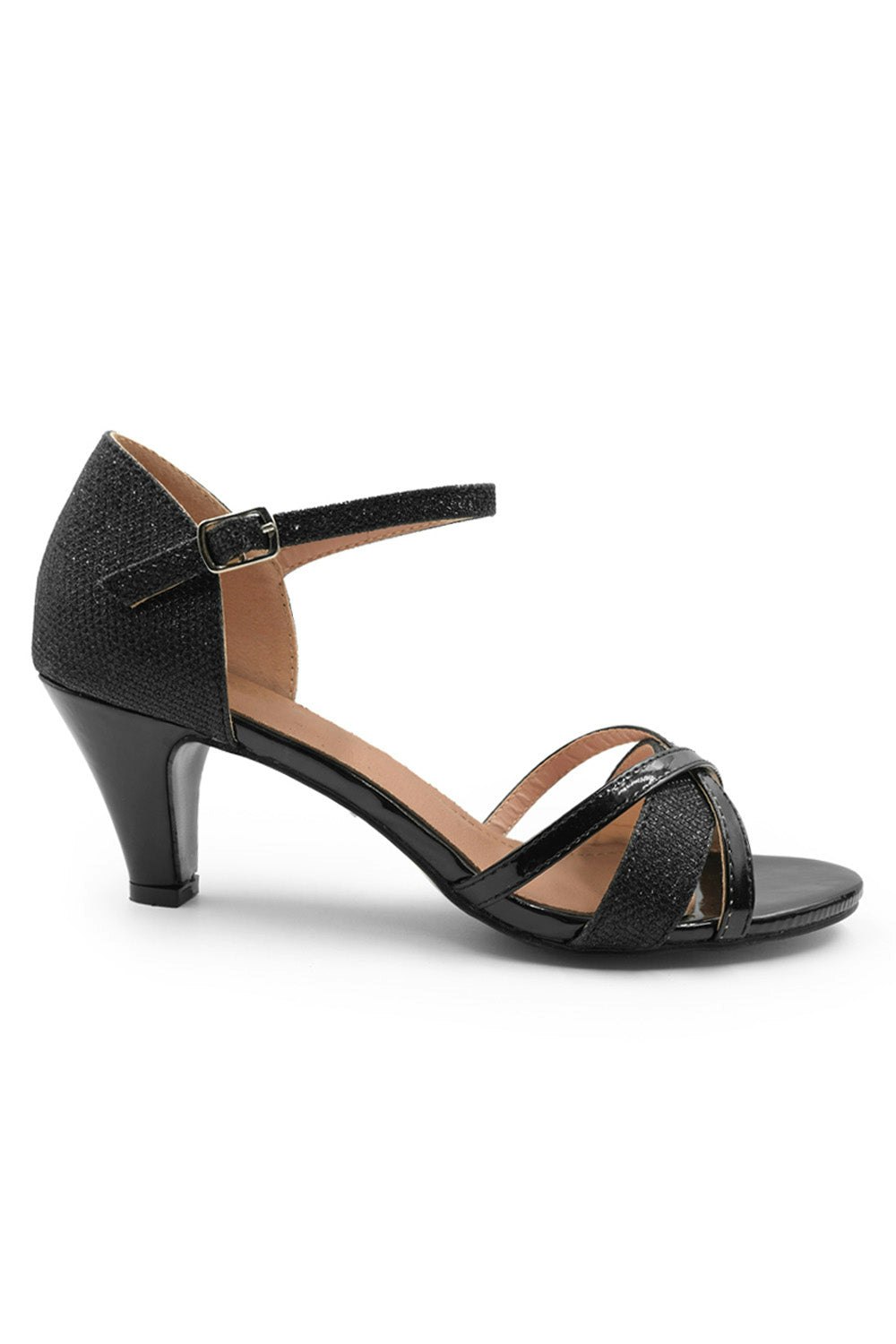 Where's That From Black Amanda Mid High Heel With Buckle Ankle Strap In Glitter - Size 4