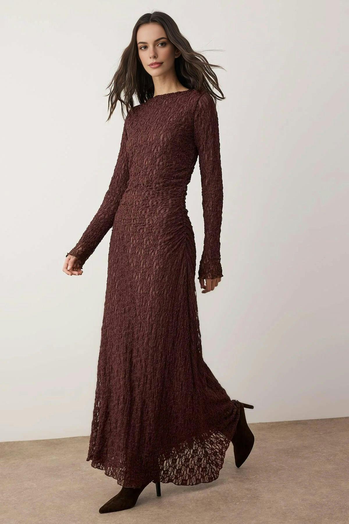 Wovcor Brown Lined Lace Knit Dress - Xl