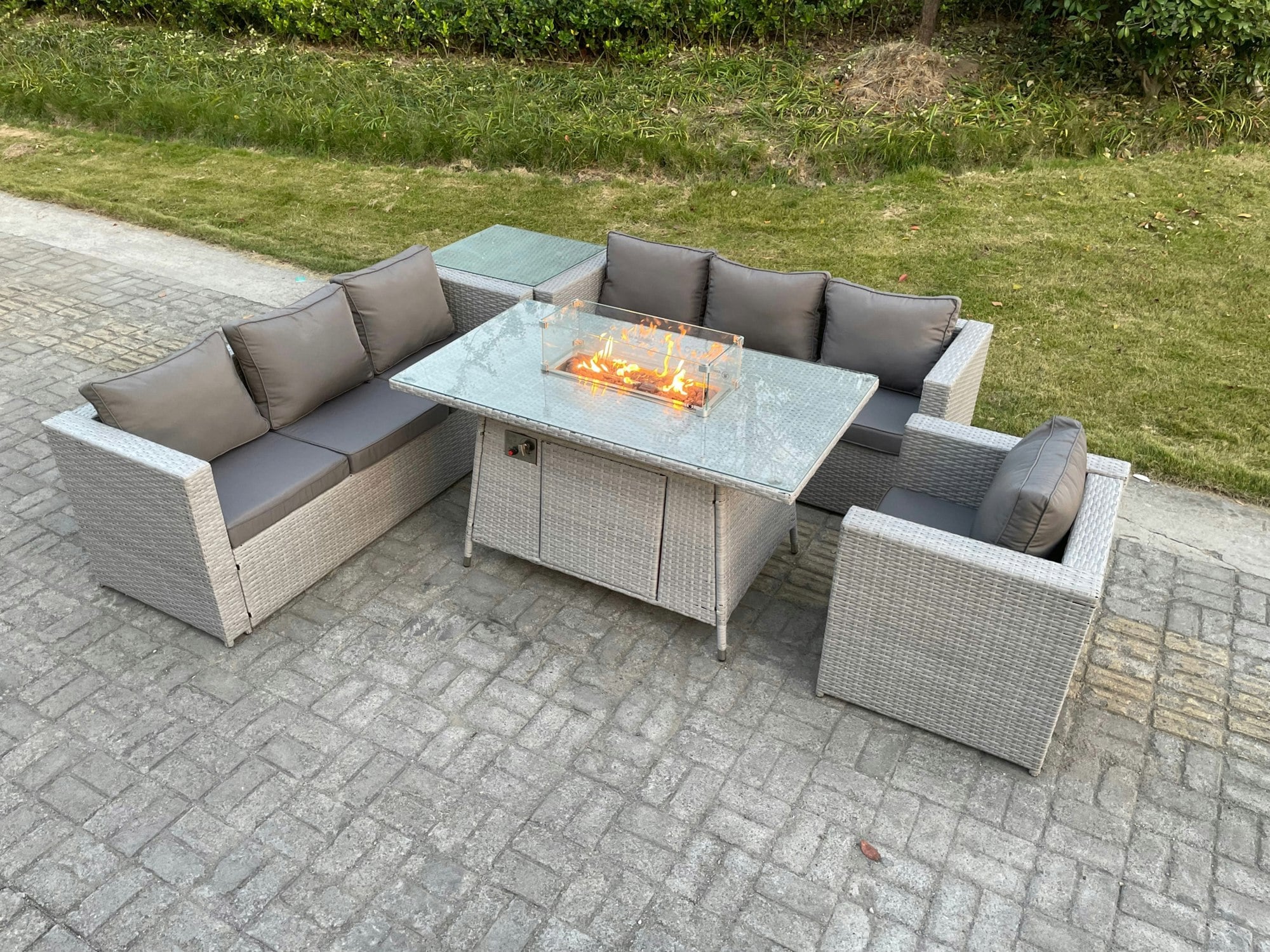 Rackhams Light/Grey Rattan Garden Furniture Set With Fire Pit Dining Table, Corner Sofa, Side Coffee Table And Chair - 7 Seater