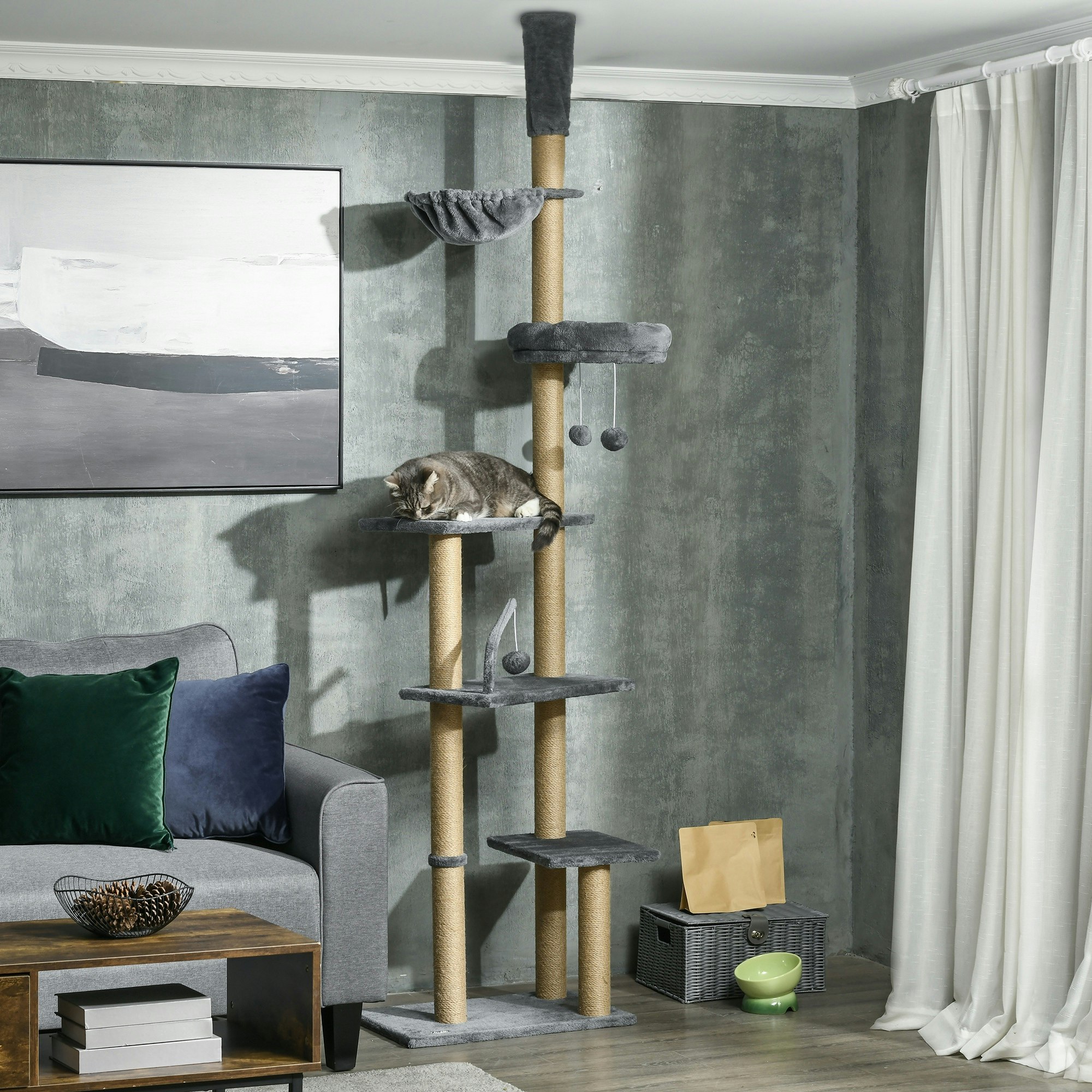 Pawhut Grey Floor To Ceiling Climbing Cat Tree Tower, 230-250Cm Height,
