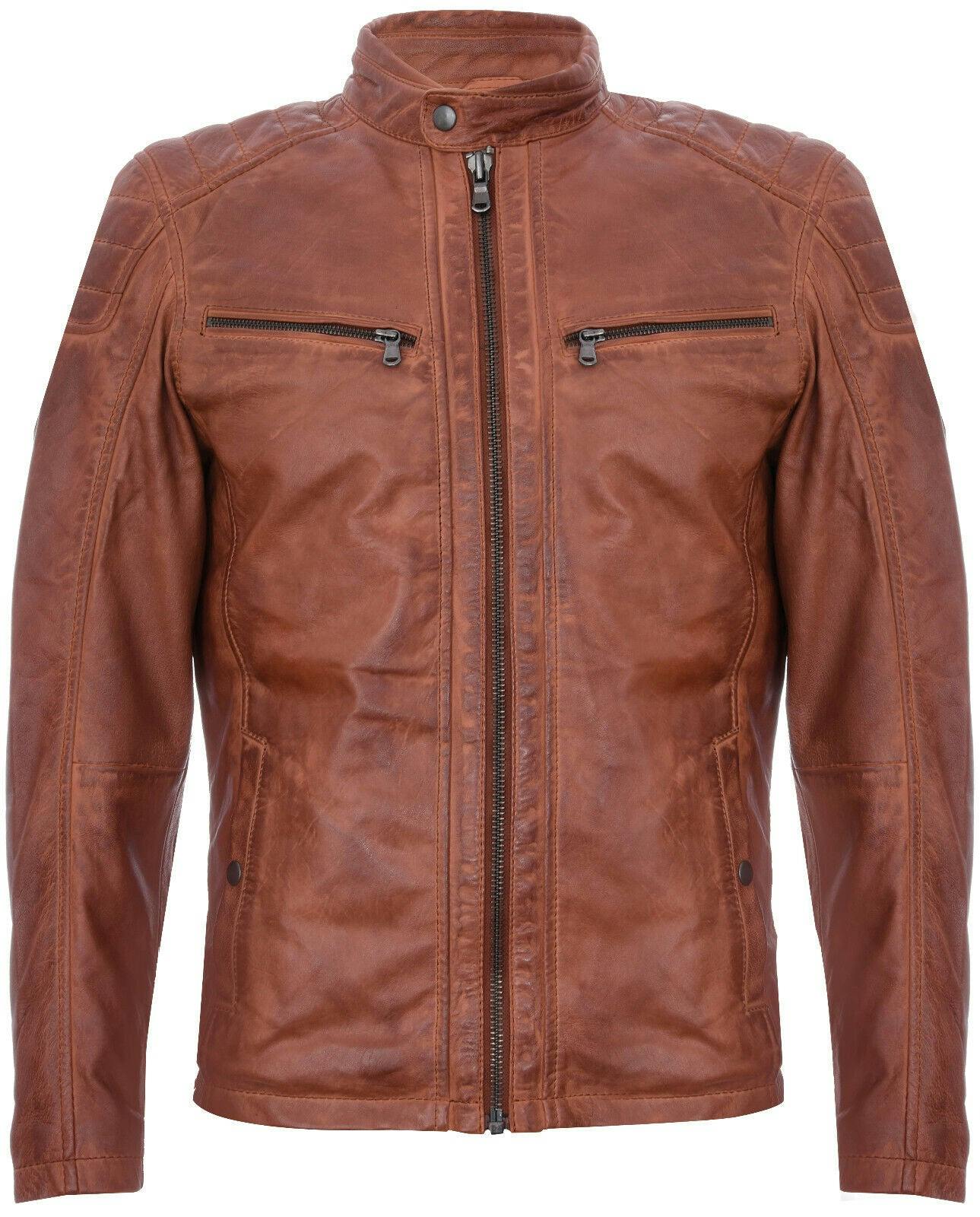 Infinity Leather Men's Leather Vintage Quilted Racing Zipped Biker Jacket - Uk M | Eu 48 | Us 38 - Tan