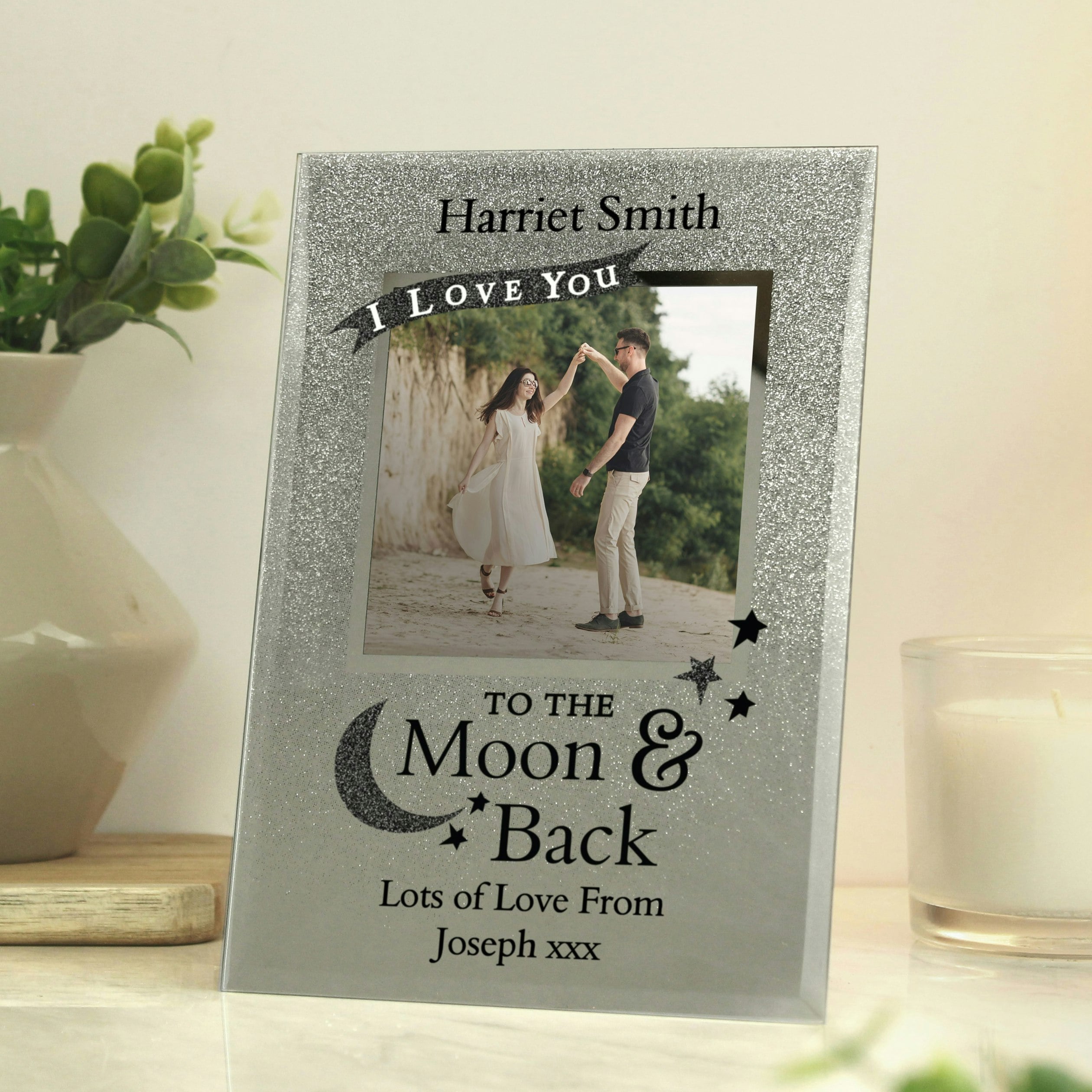 Personalised Memento Company Personalised To The Moon And Back 4X4 Glitter Glass Photo Frame