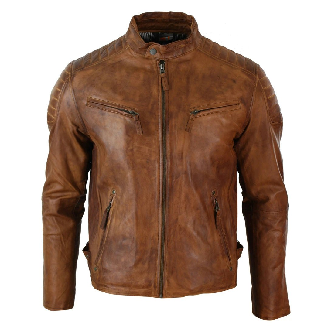 Aviatrix Men's Blue/Grey Leather Zipped Biker Jacket Washed - Timber - 3XL