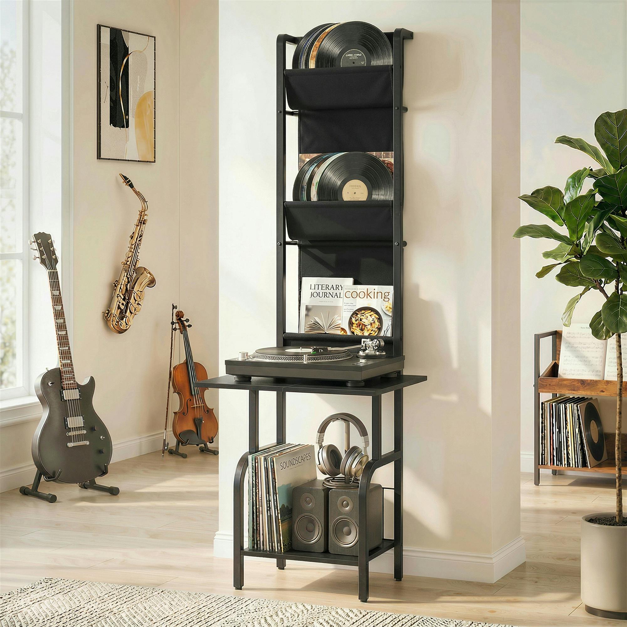Rackhams Black Vinyl Record Player Stand With Oxford Pockets, - Freestanding - Contemporary