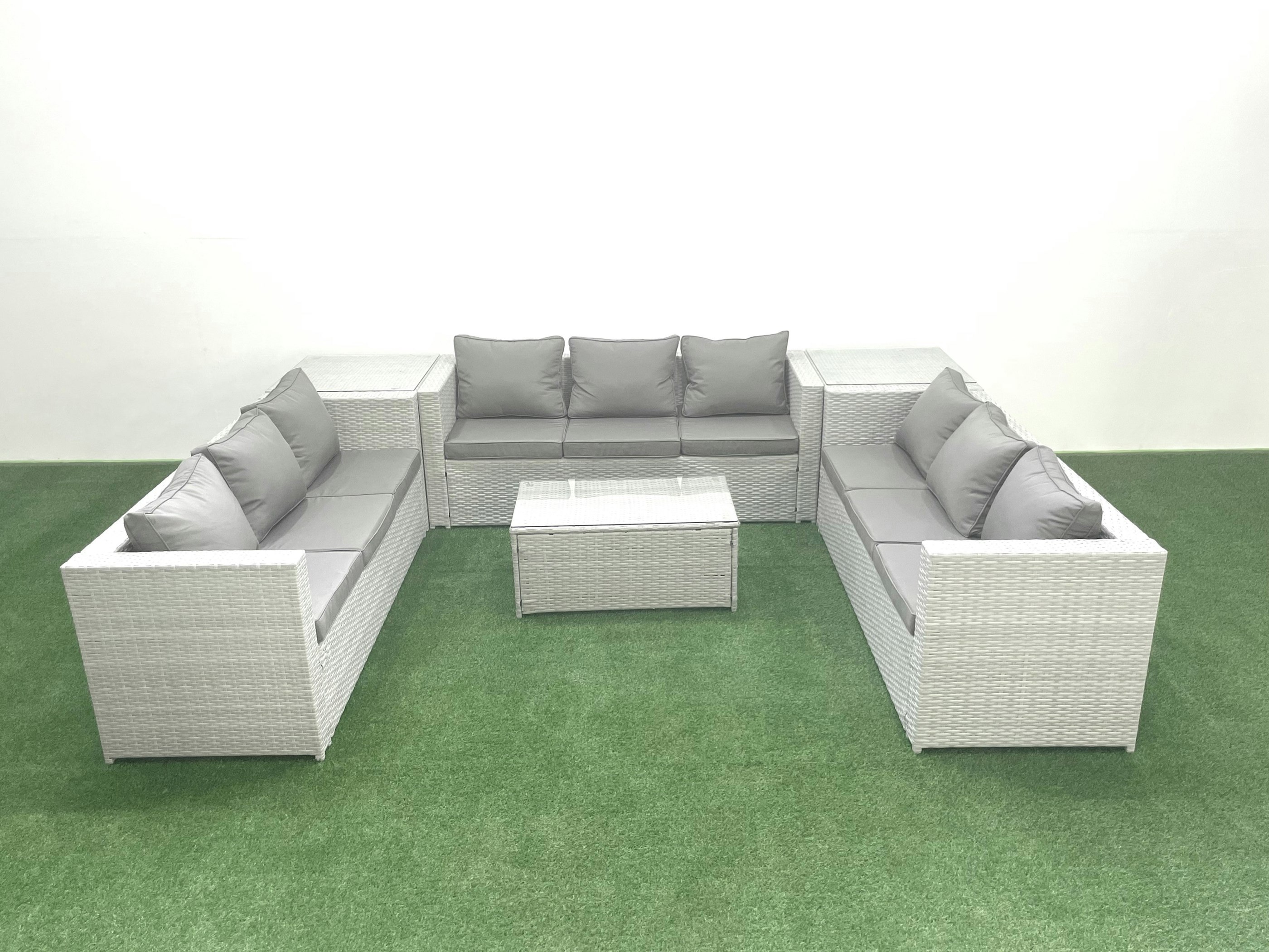 Rackhams Light/Grey Rattan Garden Outdoor Furniture Set 9 Seater Garden Sofa Coffee Table Set With 2 Side Tables Mixed