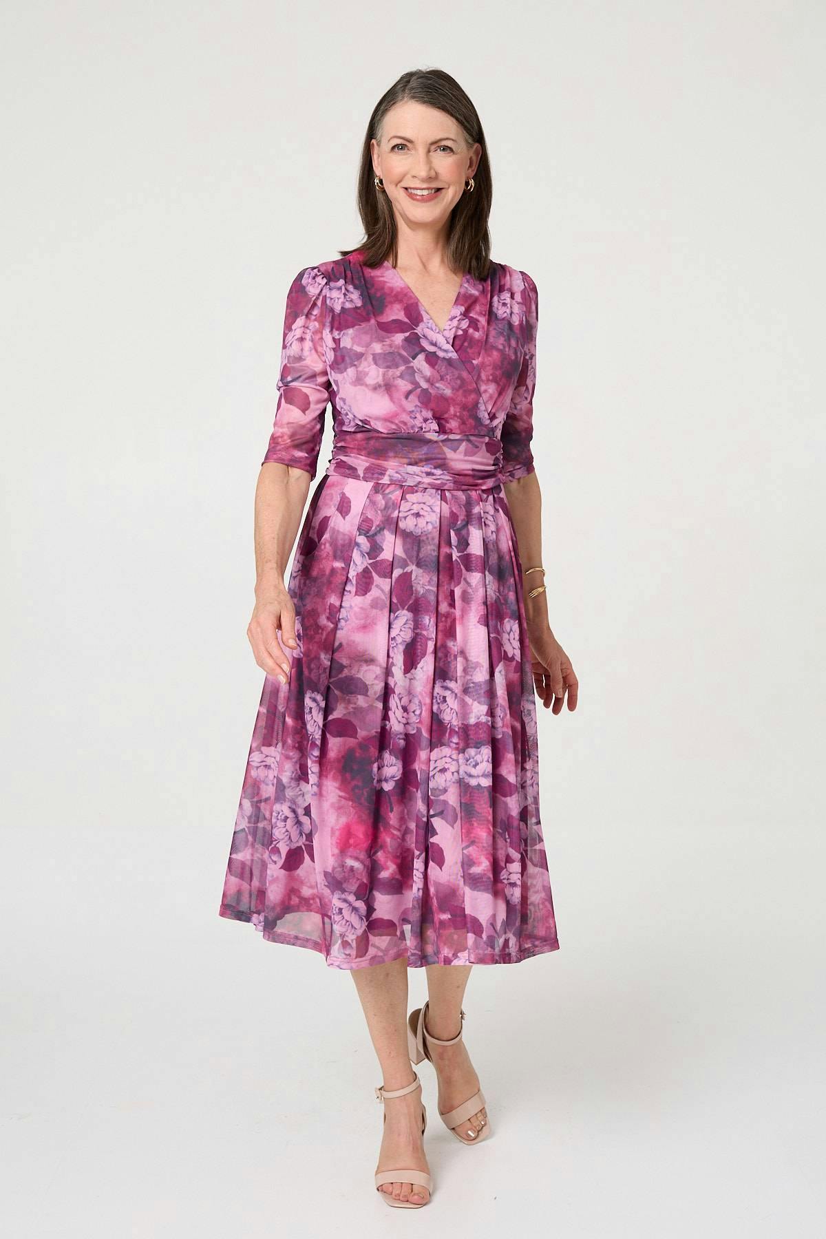 Izabel London Pink Floral Mesh Texture Pleated Midi Dress - 18