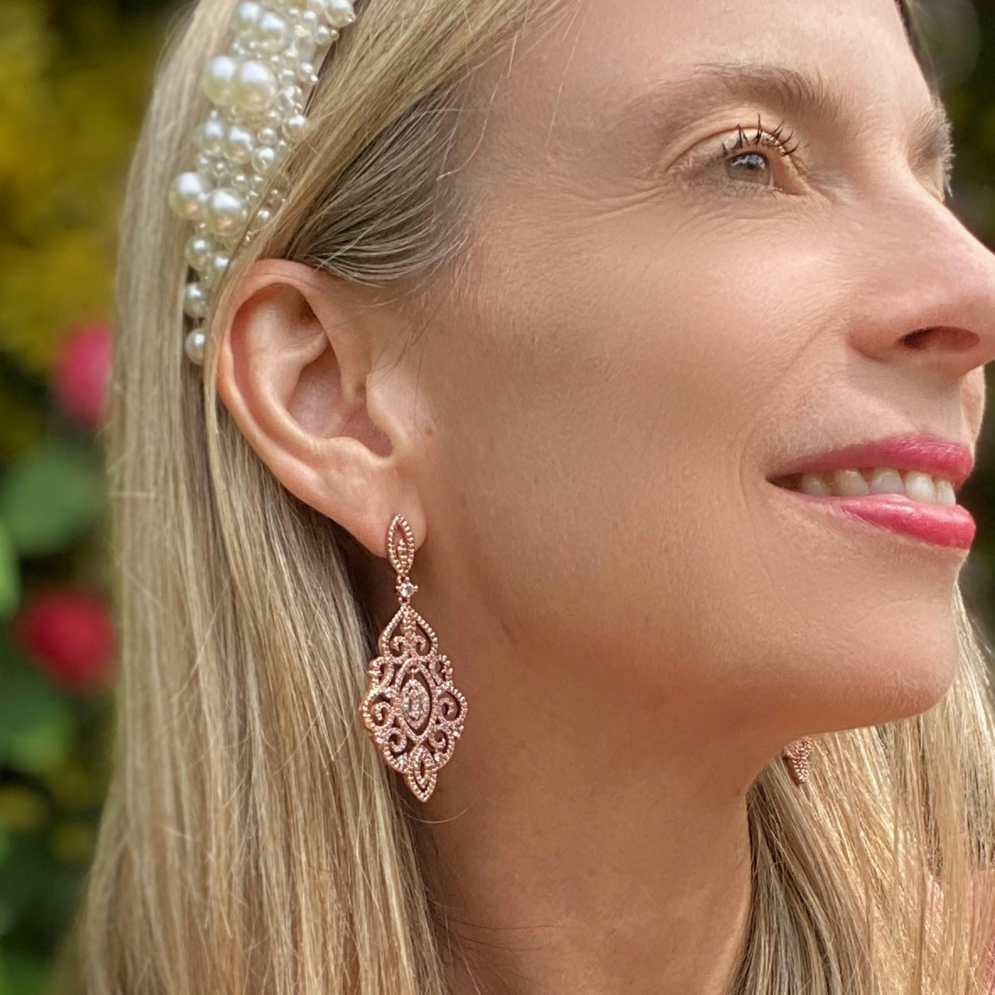 Queenmee Accessories Gold Statement Earrings Long Drop Earrings With Crystal - Rose