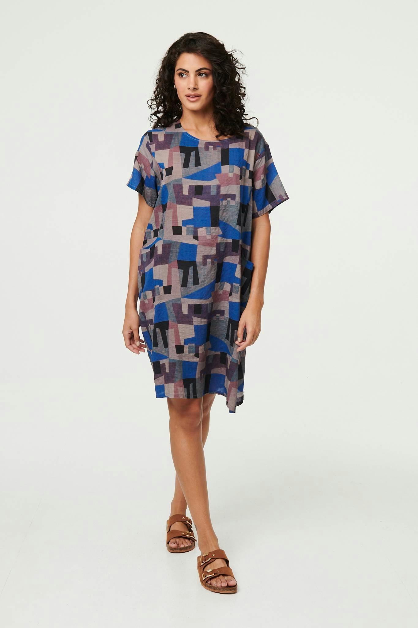 Izabel London Blue Abstract Relaxed Knee Length Shift Dress - 12