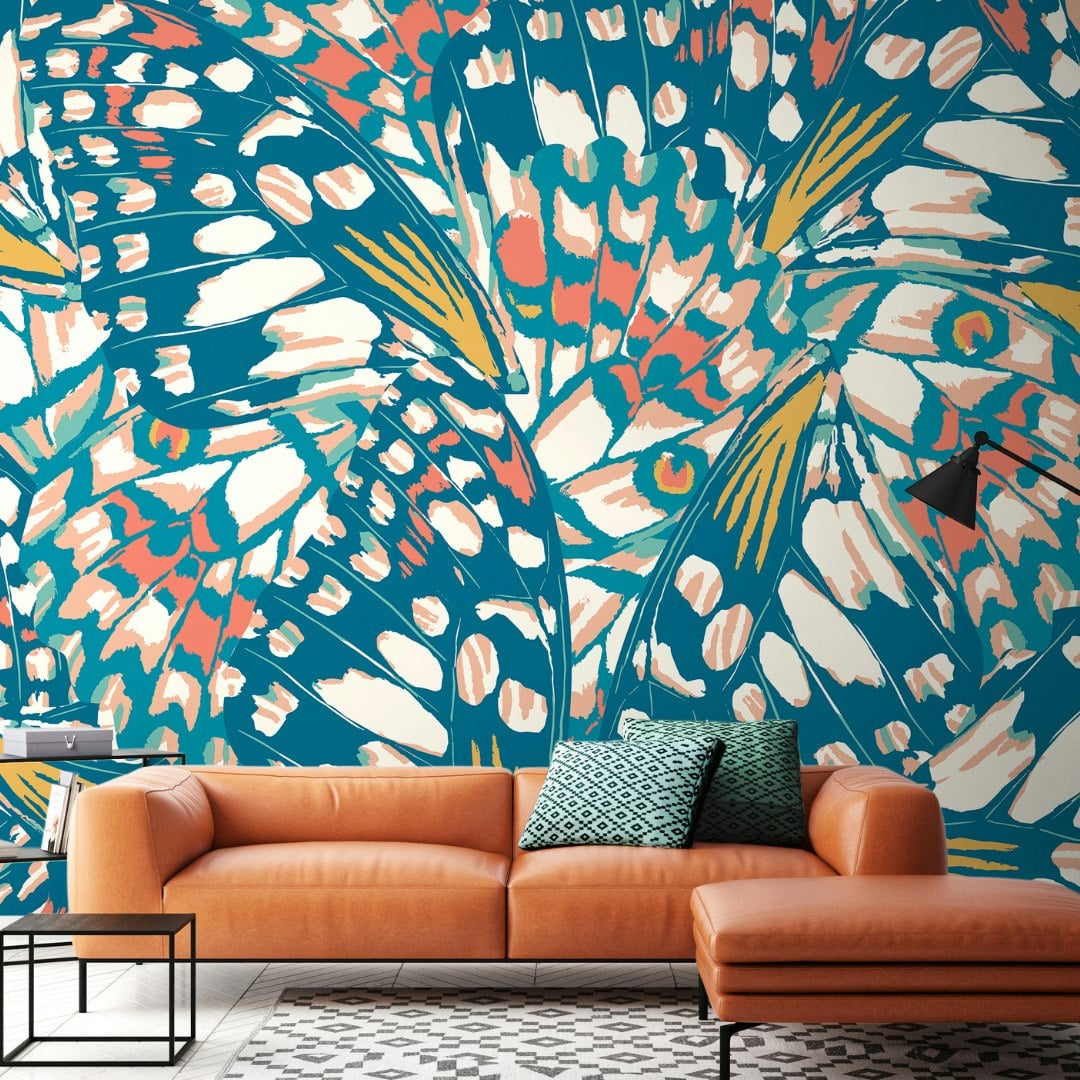 Origin Murals Blue/Orange Butterfly Wings - Teal And - Medium - W300cm X H240cm
