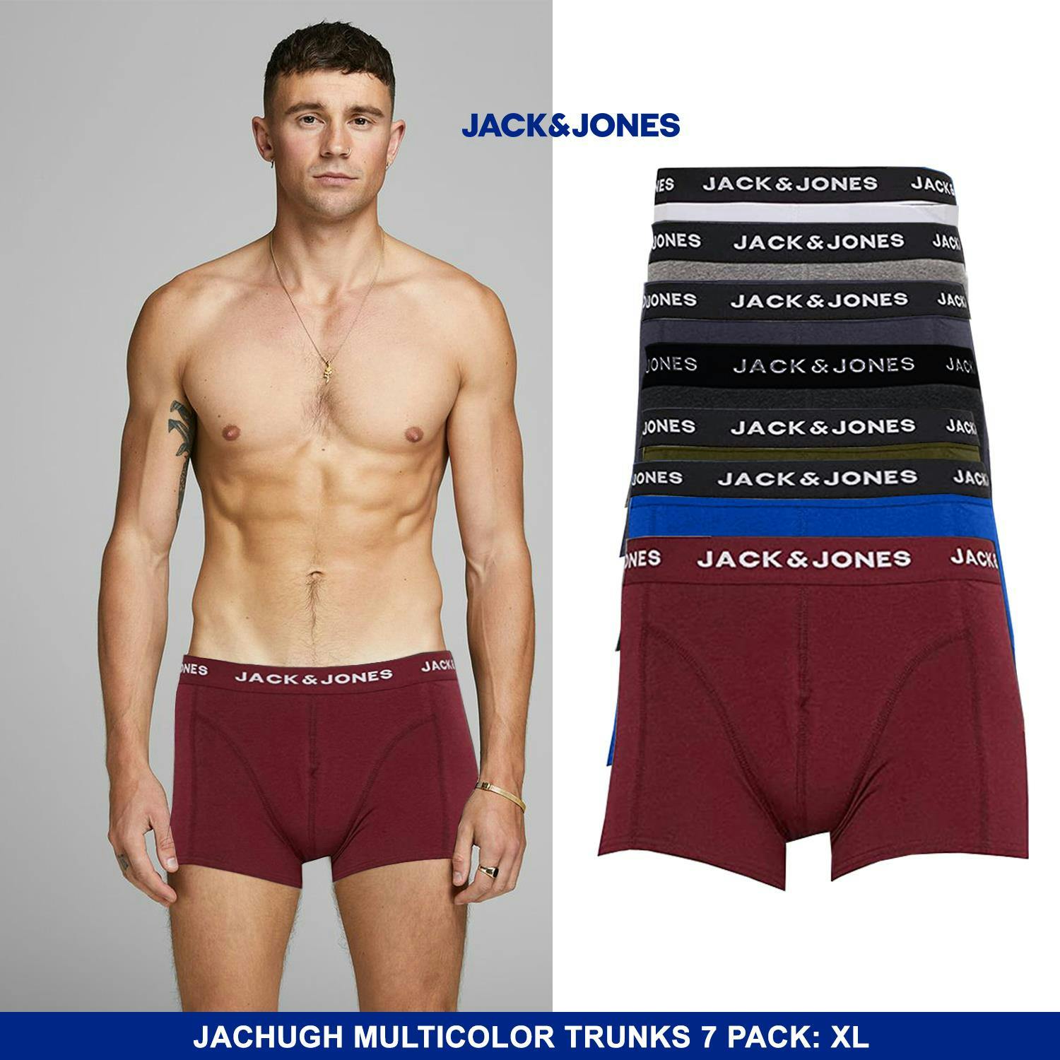 Jack & Jones Men's Black/White/Grey 7Pcs Trunks Cotton Boxers Multi Colour Size Xl - Size Xl