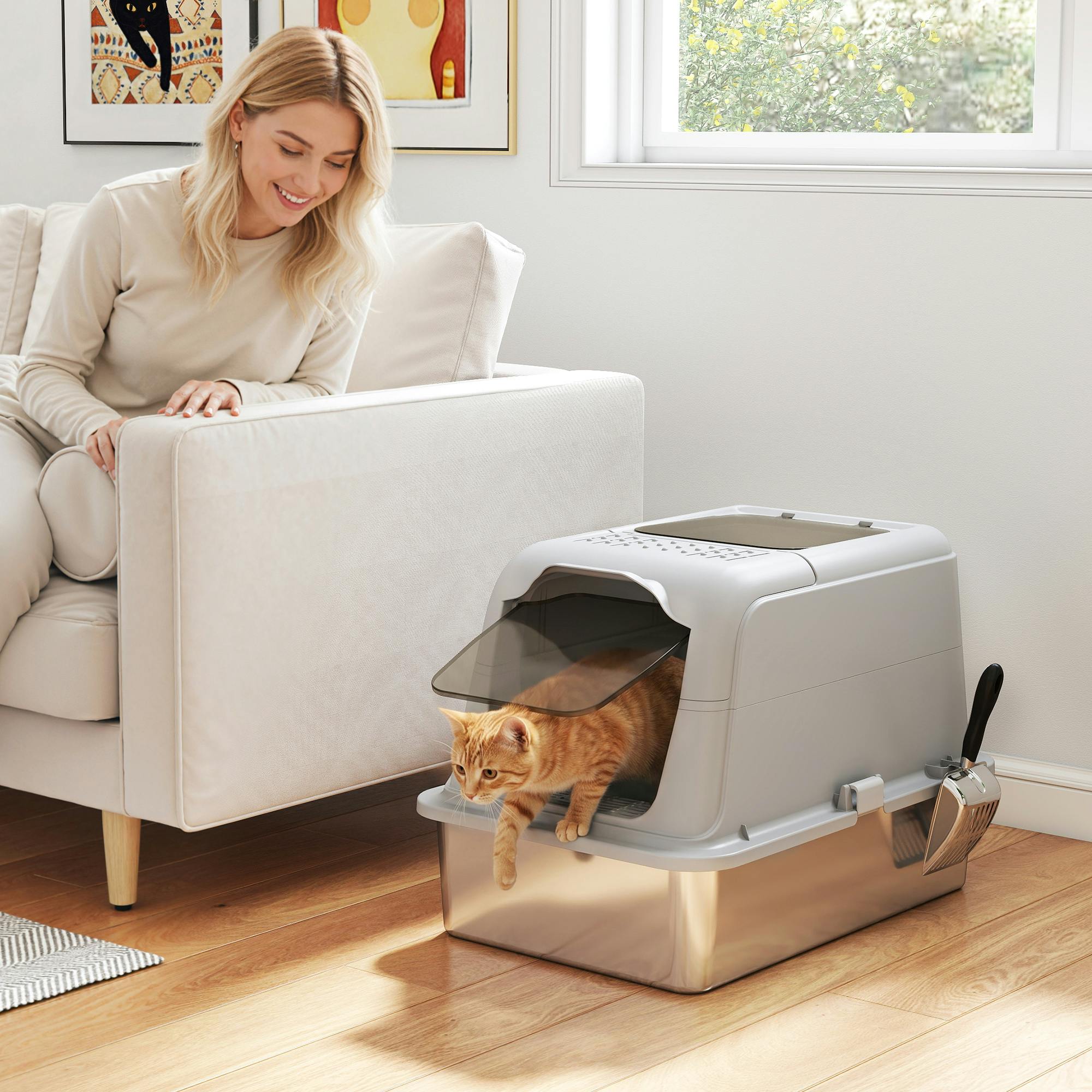 Pawhut Stainless Steel Litter Box, Enclosed Metal Litter Tray With Scoop