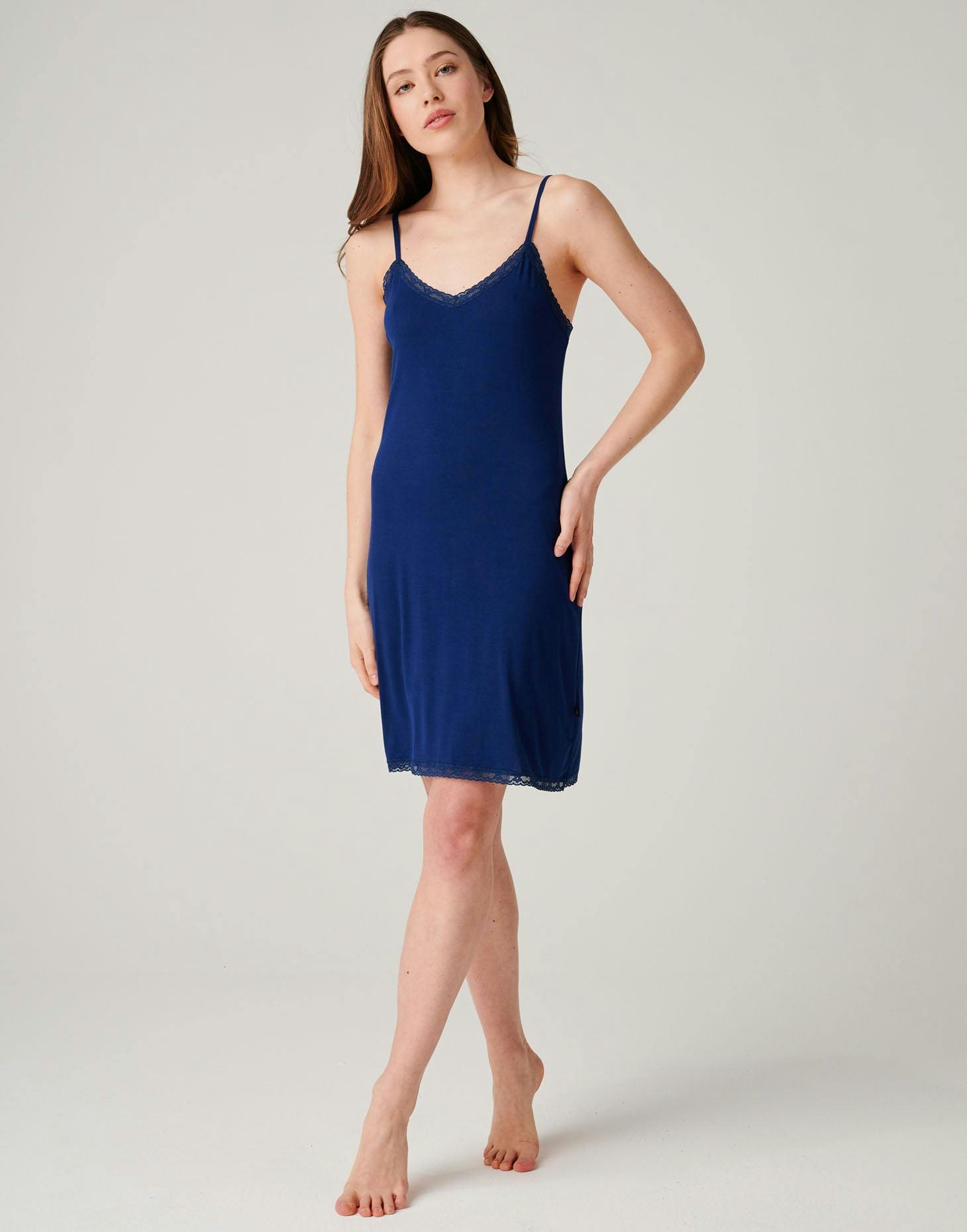 British Boxers Women's Light Bamboo Lace Strappy Nightdress – Navy Peony - XX-Large