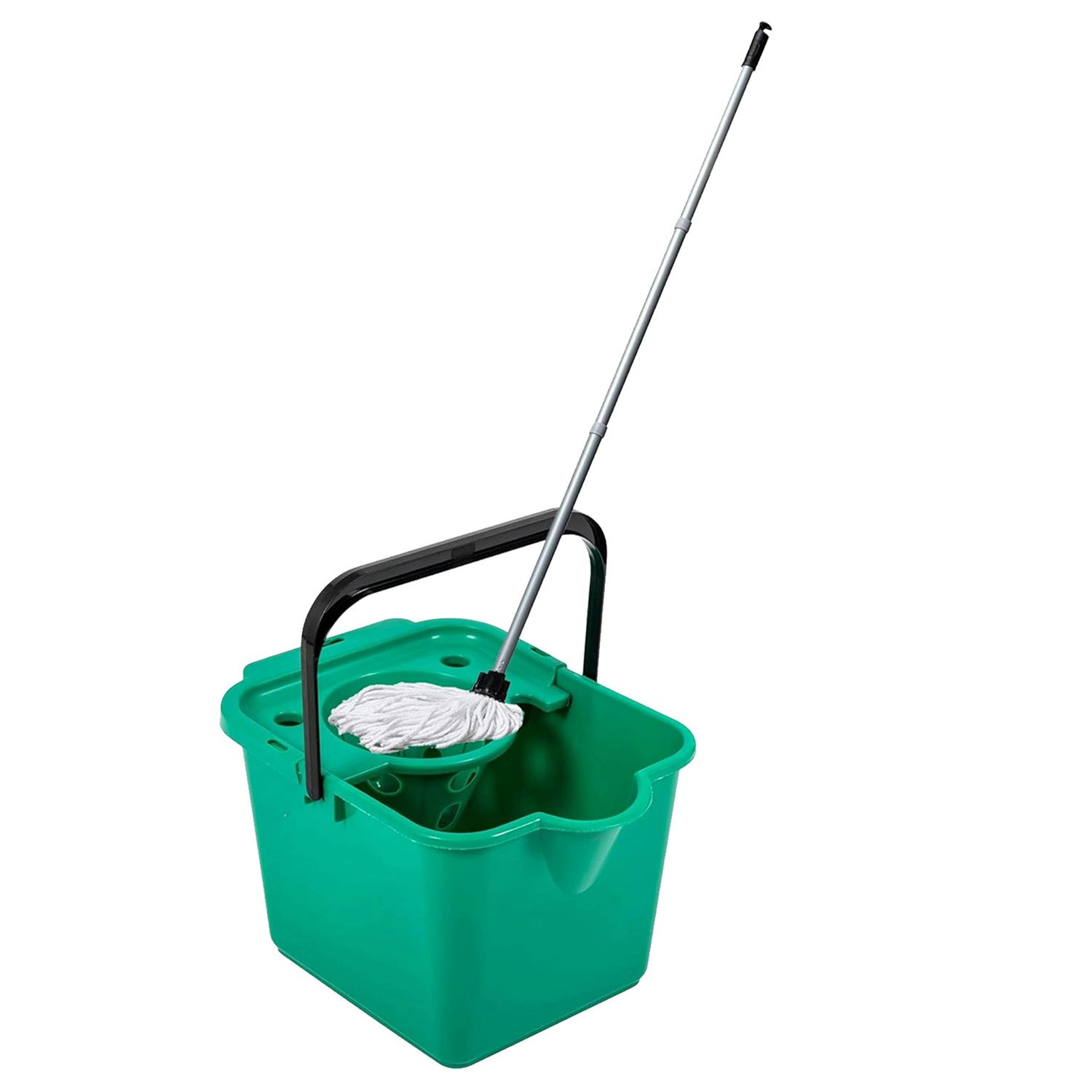 Rackhams Green 12L Mop & Bucket Set For Cleaning Hard Floors Complete With Pouring Lip & Cotton Mop - 2 X