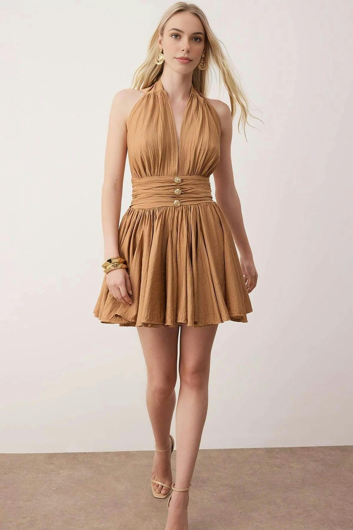 Wovcor Skater Mini Dress With Button Detail - Camel - S