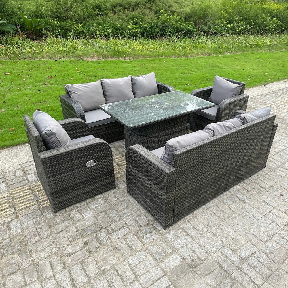 Fimous Dark/Grey 8 Seater Rattan Garden Furniture Set With 2 Sofas, Adjustable Dining Table & 2 Reclining Arm Chairs