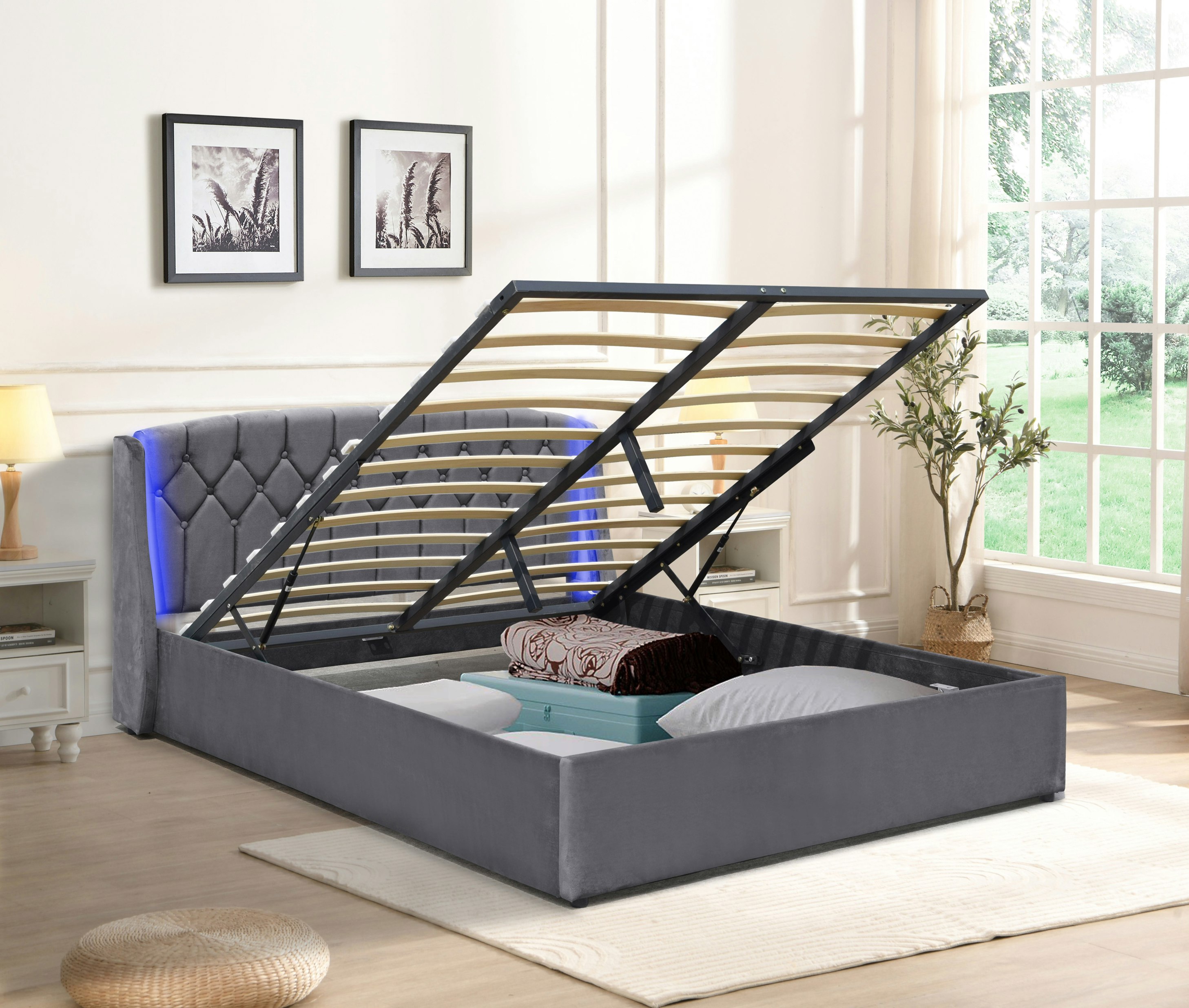 Comfy Living Grey/Green Fabric Gas Lift Bedframe Led Headboard 3Ft 4Ft6 5Ft Bedroom Furniture - King