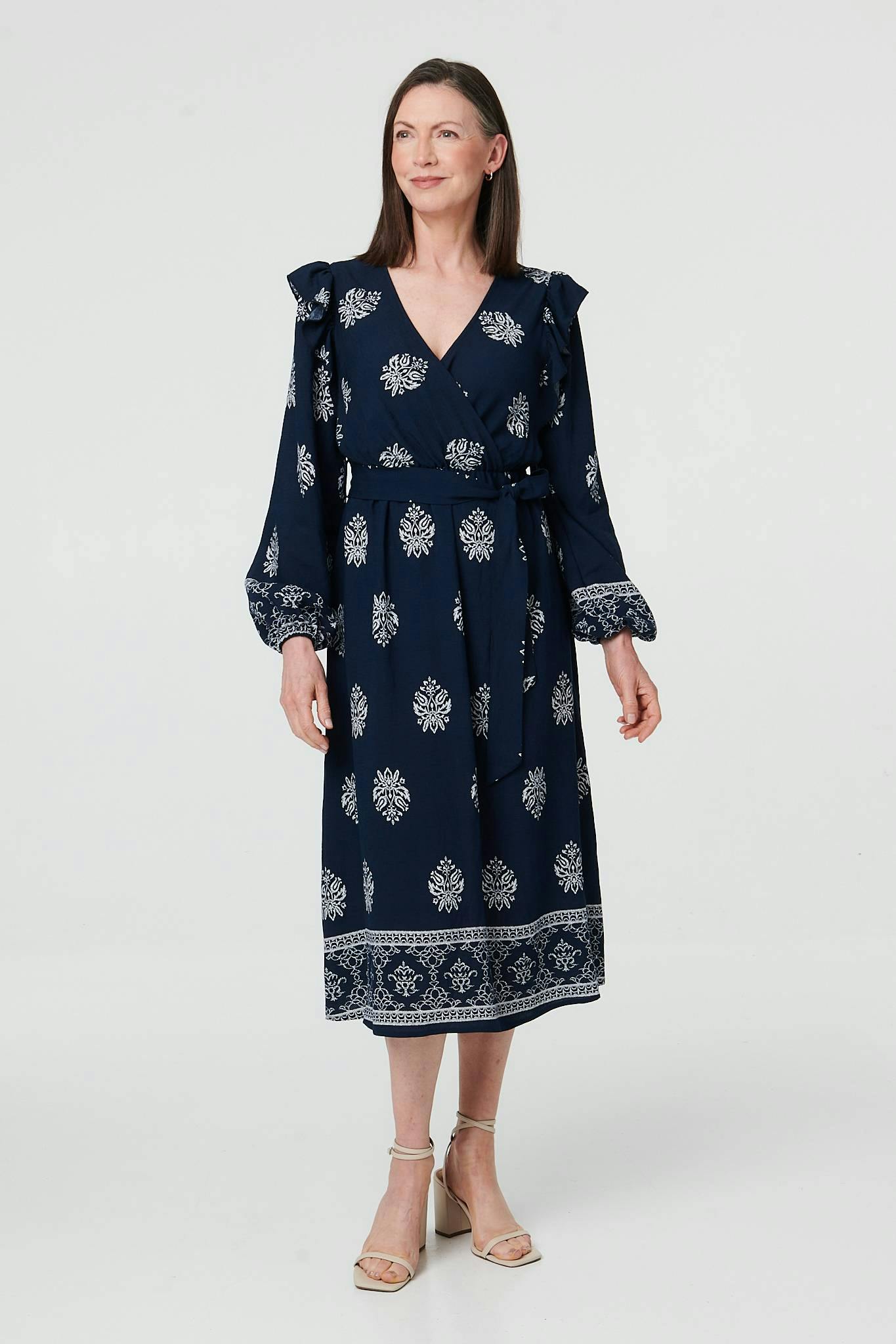 Izabel London Border Print Tie Waist Wrap Midi Dress - 16 - Navy