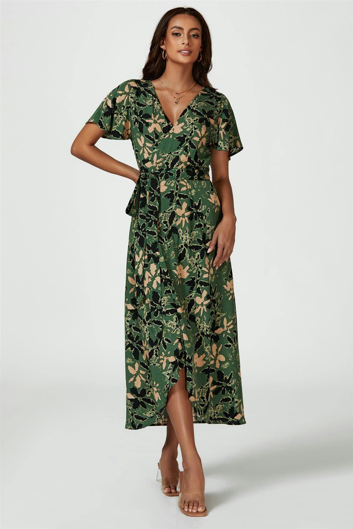 Fs Collection Abstract Floral Wrap Maxi Dress In Olive - M - Olive