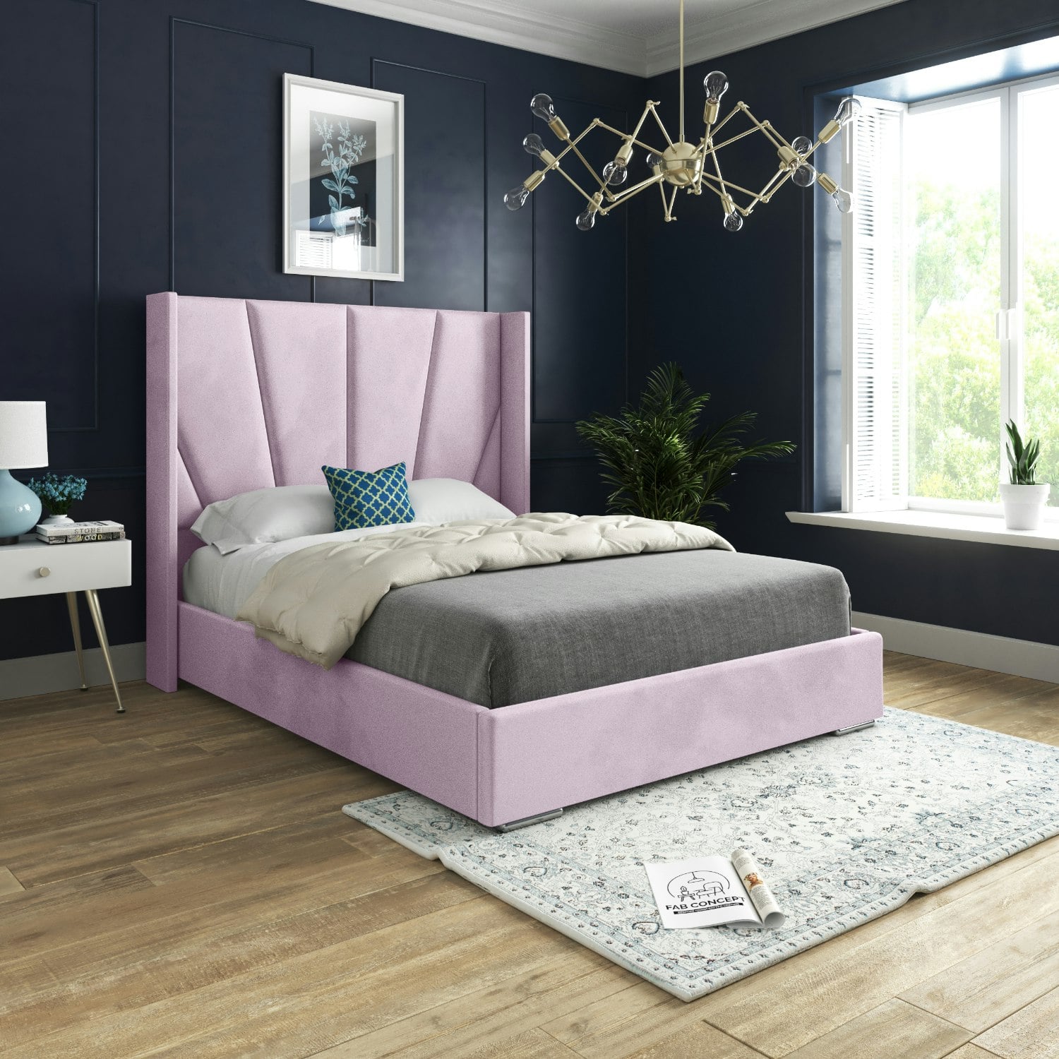 Casa Magna Pink Bellini Wide Curved Winged Upholstered Soft Velvet Bed Frame - Single