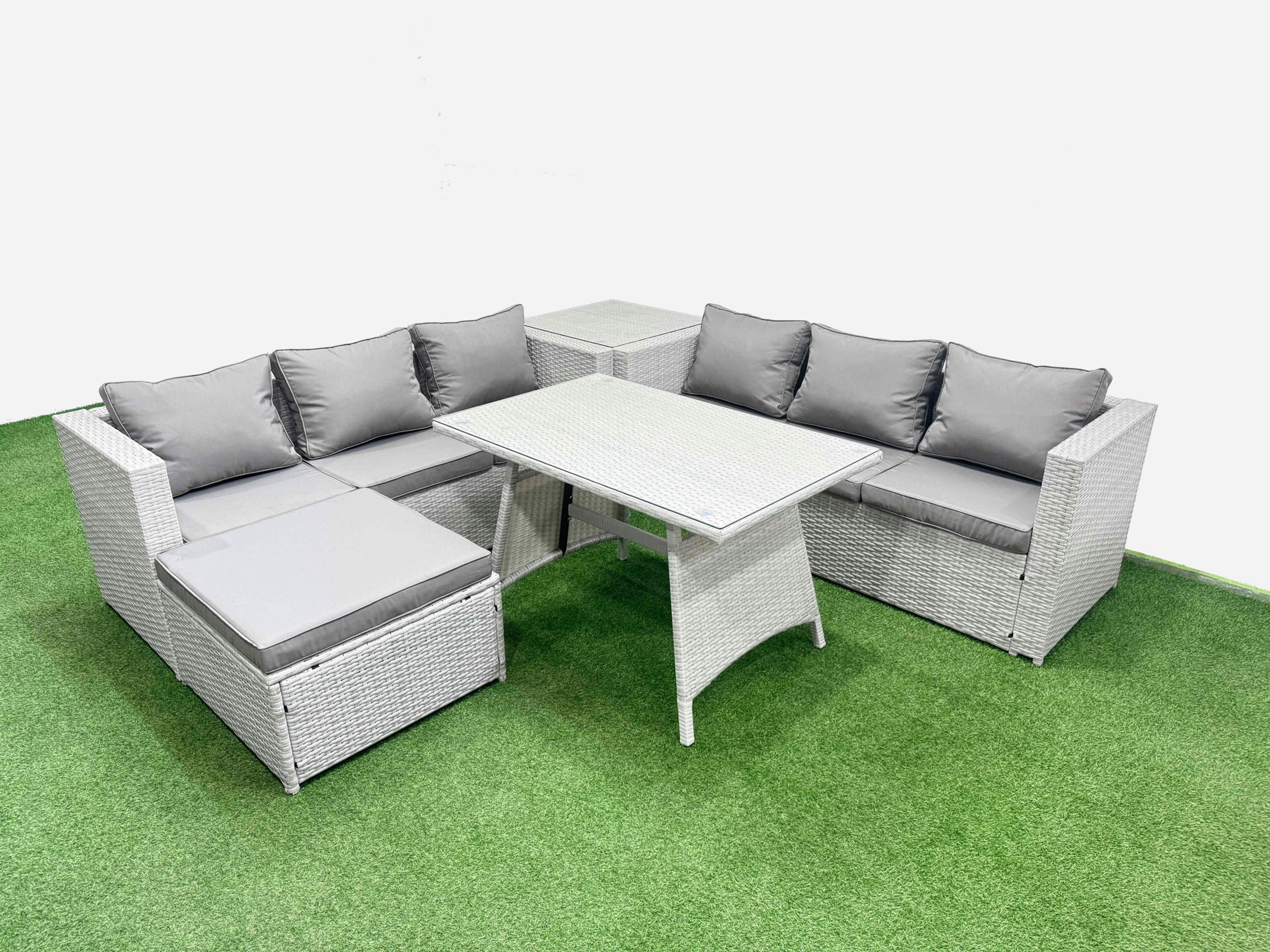 Fimous Light/Grey Rattan Garden Furniture Dining Set 7 Seater Patio Rectangular Table 3 Seater Sofa Set With Side Table Big Stool
