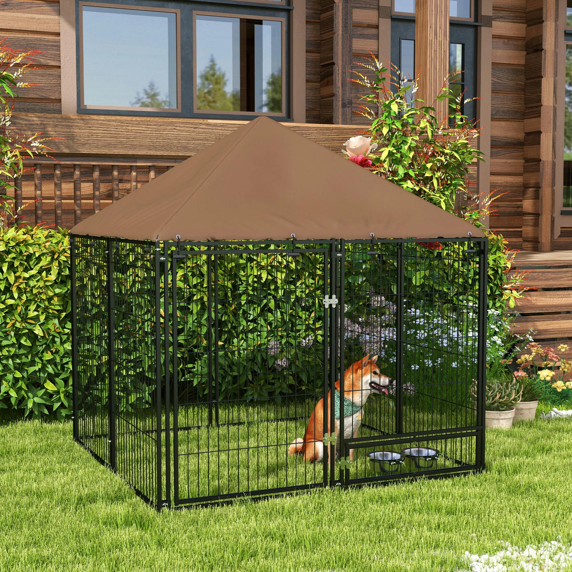 Pawhut Unisex Brown Outdoor Dog House Kennel With Canopy Top & Lock Rotating Bowl Holder In - Image 4
