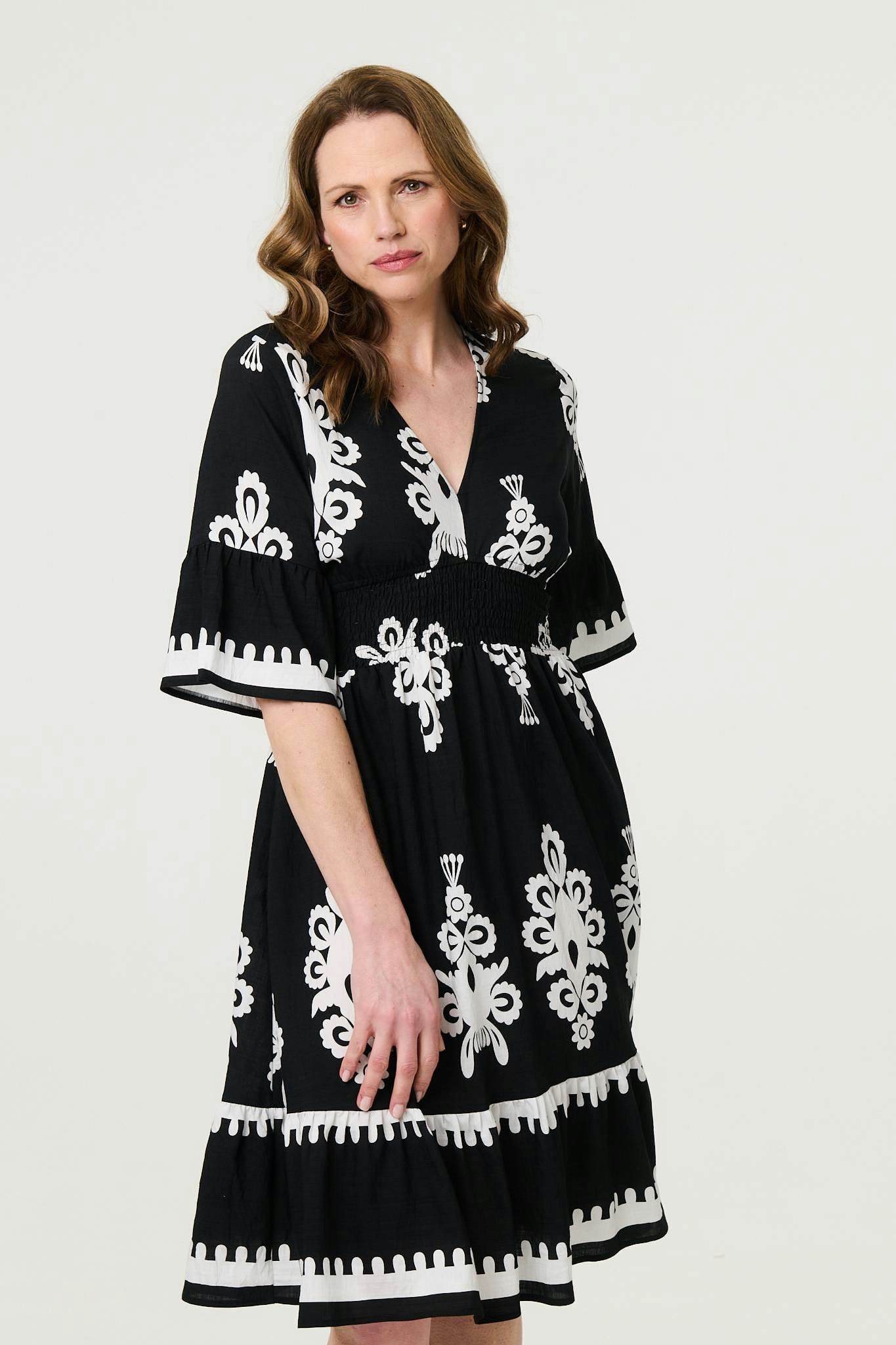 Izabel London Black Ikat Print 1/2 Sleeve Relaxed Short Dress - 8
