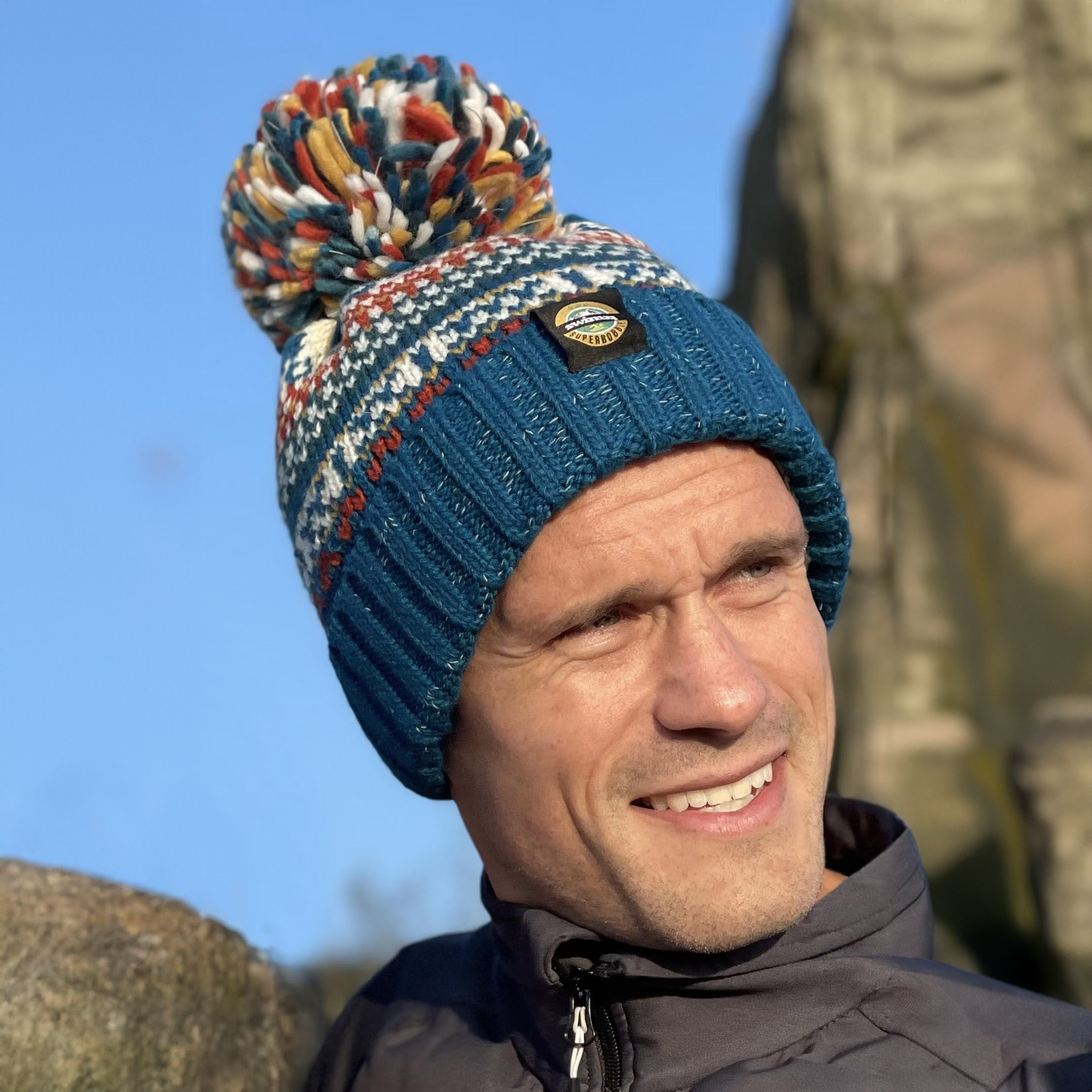 Superbobble Unisex Blue Fjord Nordic Knit Beanie Bobble Hat