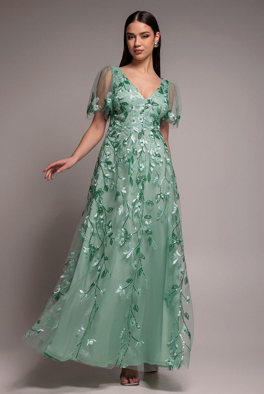 Goddiva Green Flared Sleeve Embroidered Maxi Dress - Sage By - Sage - 14