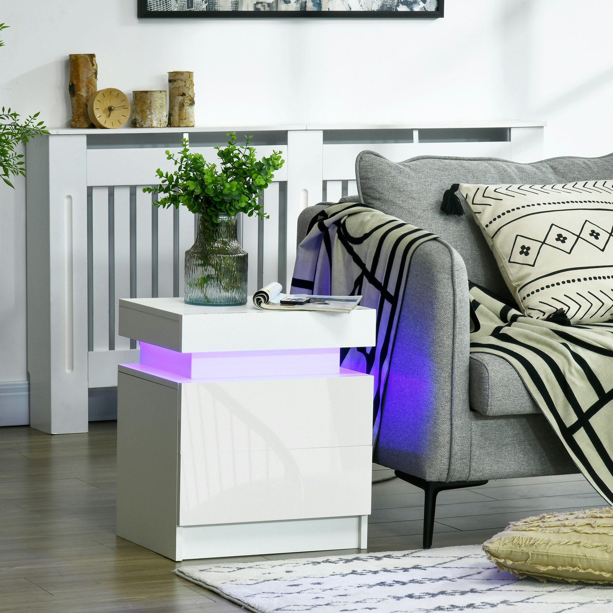 Rackhams White/Light Bedside Table, High Gloss Front Nightstand W/ Led 2 Drawers