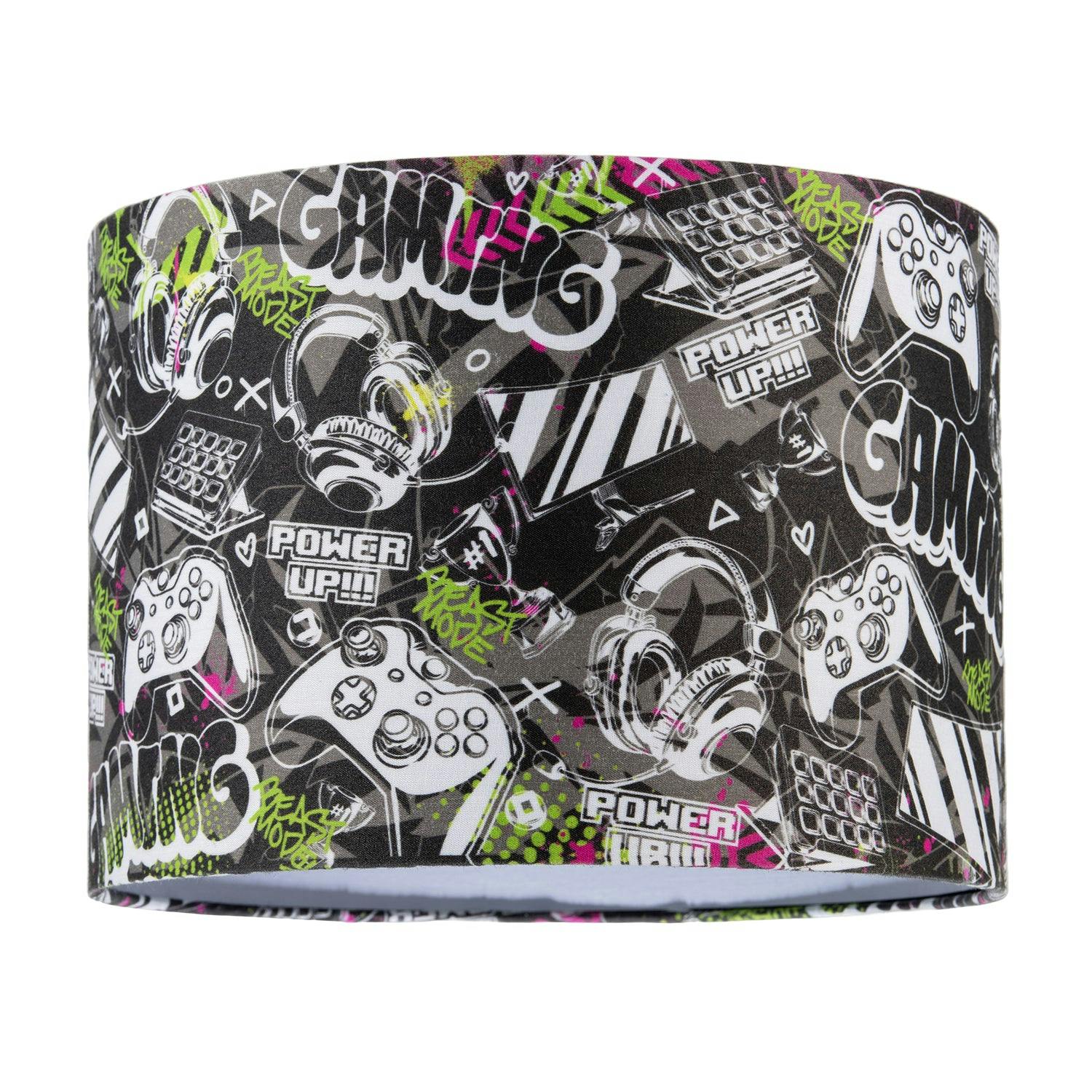 Happy Homewares Black/Green Gaming Themed Cotton Fabric Modern Lamp Shade In And Neon