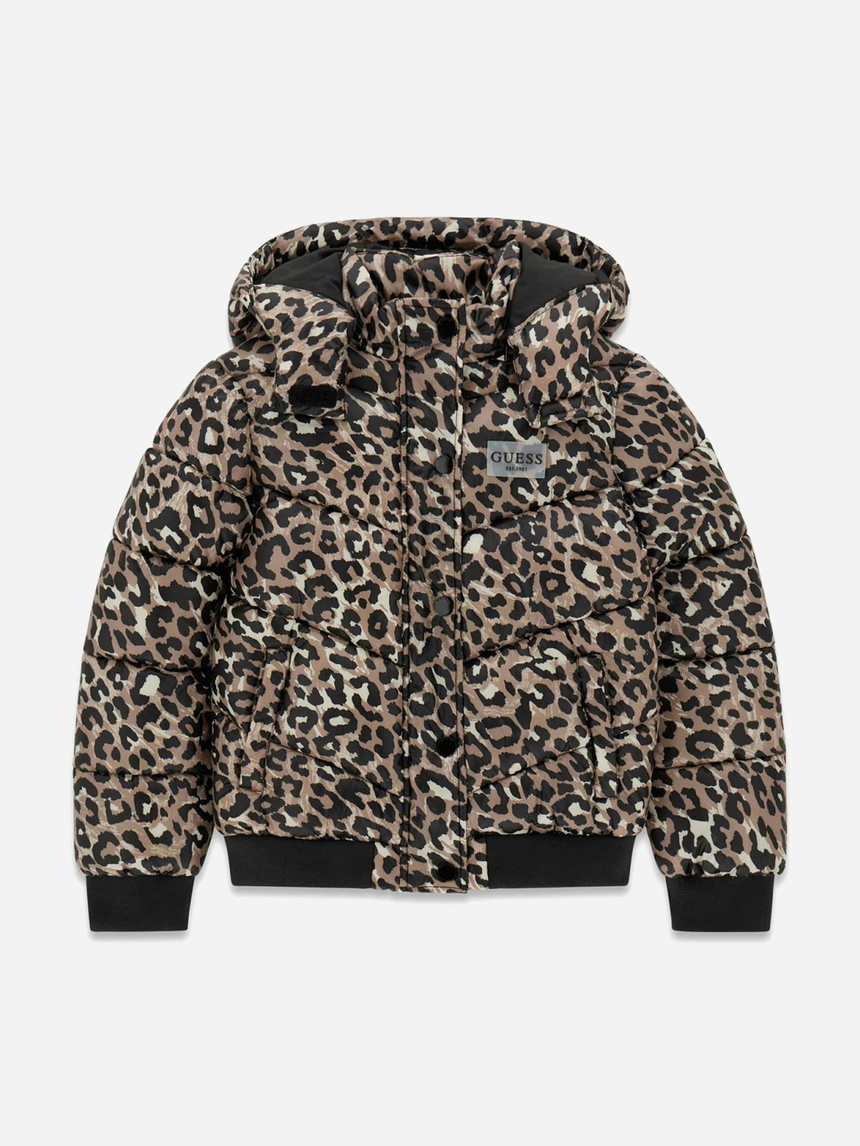 Guess Girls Brown Leopard Print Hooded Puffer Jacket In - 14 Yrs