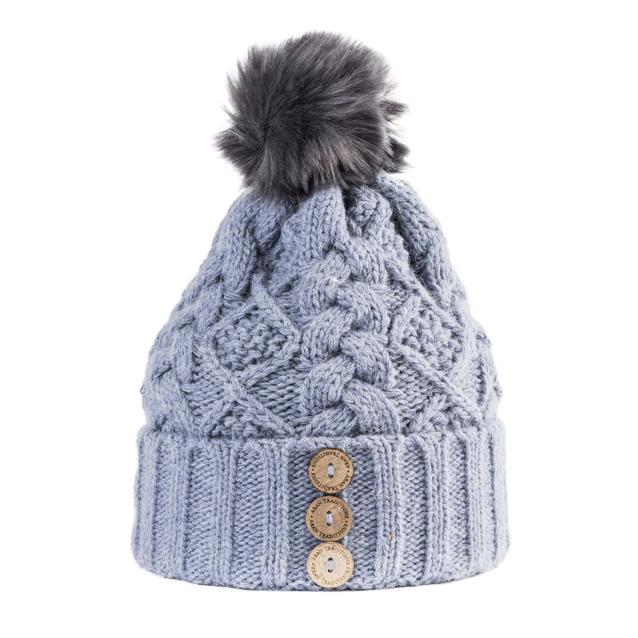 Aran Traditions Aran Diamond Cable Button Hat - Slate