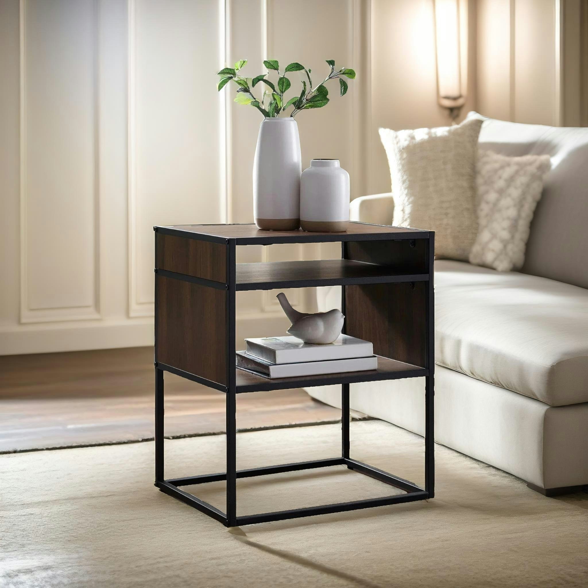 Rackhams Dark Industrial Square Side Table With Open Storage Walnut