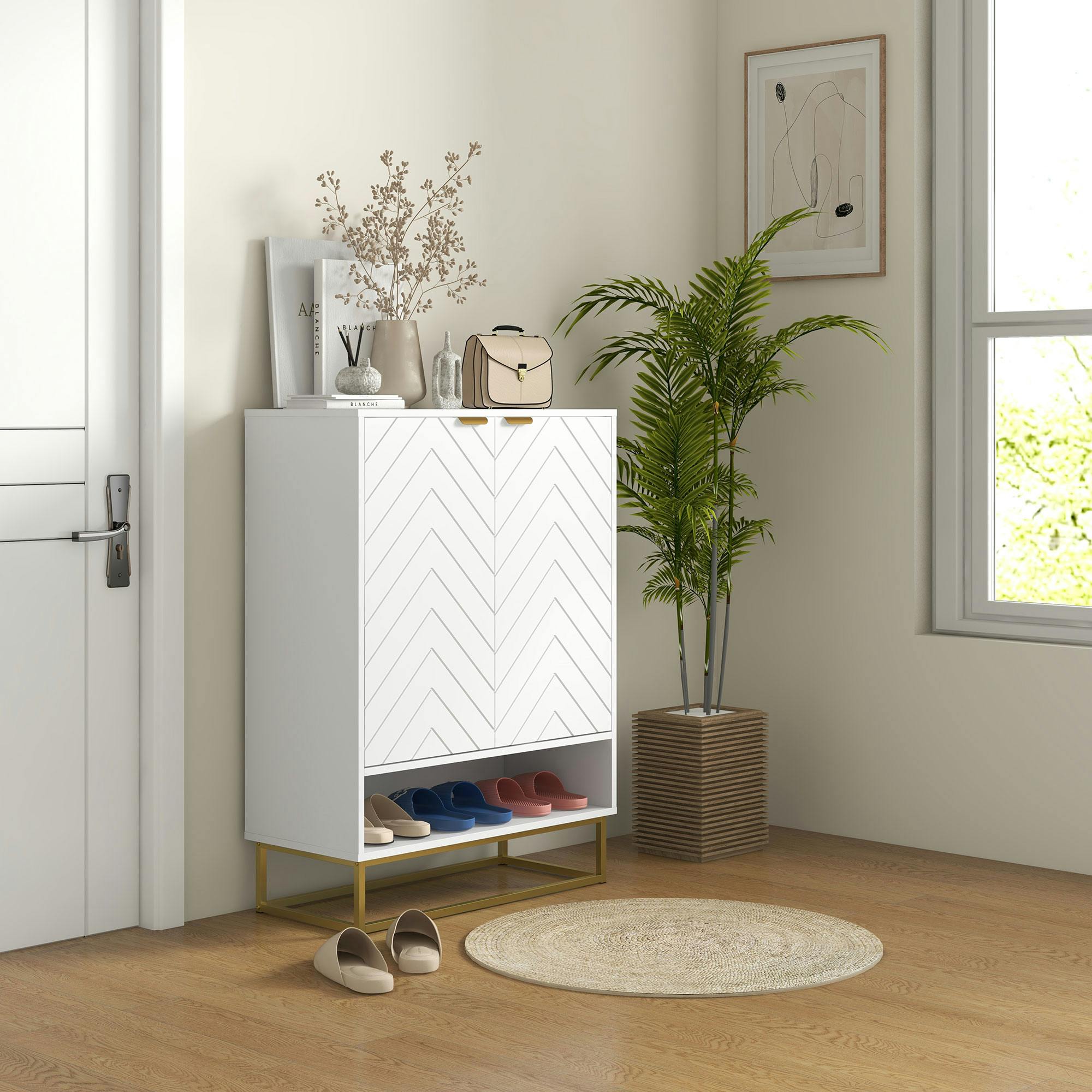 Rackhams Gold Shoe Cabinet With 2 Chevron Doors, Adjustable Shelf For 12 Pairs