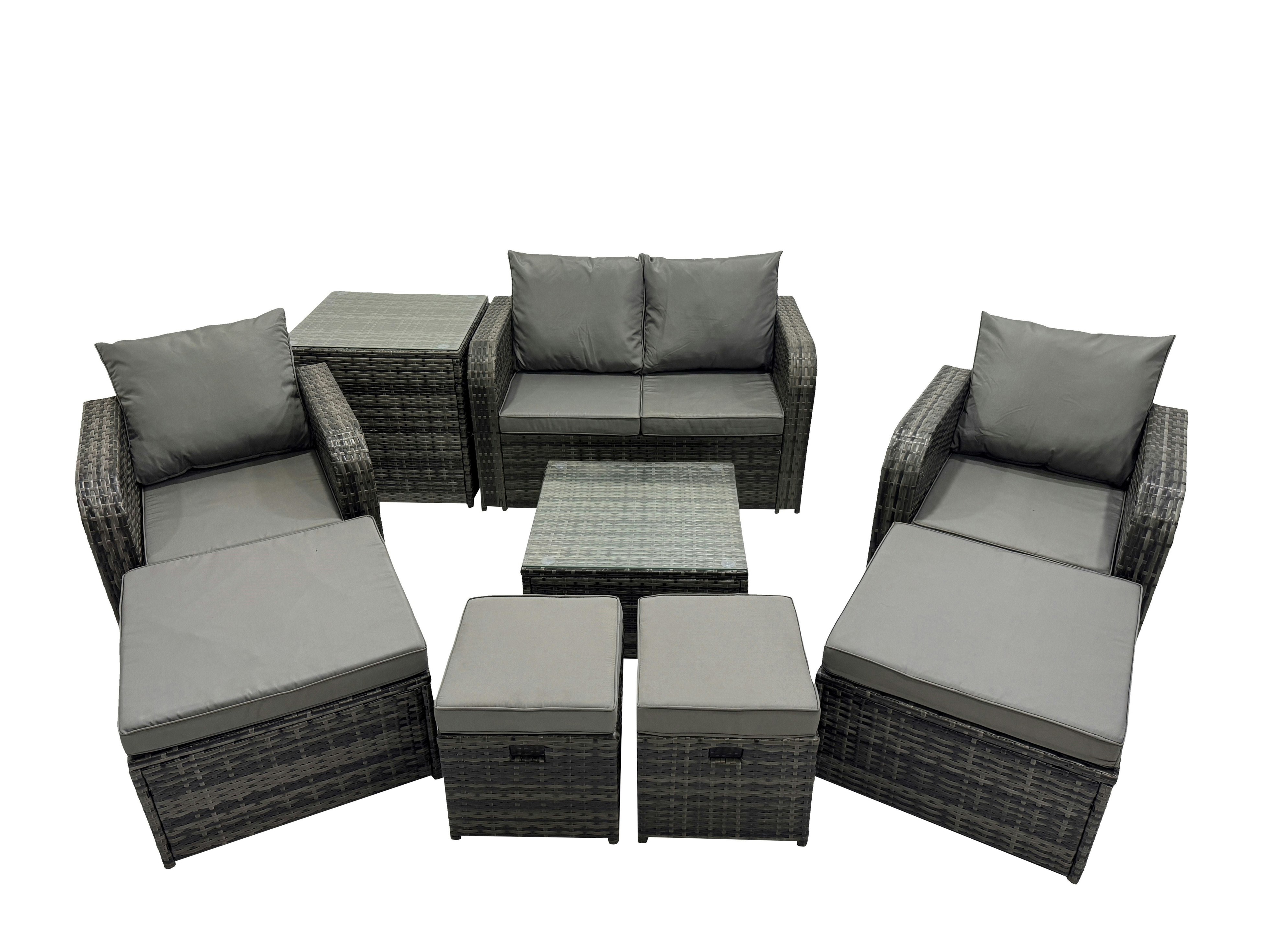 Fimous Dark/Grey Rattan Garden Outdoor Furniture Set Love Sofa Reclining Chair Square Coffee Table Set With 4 Stools Side Table Mixed