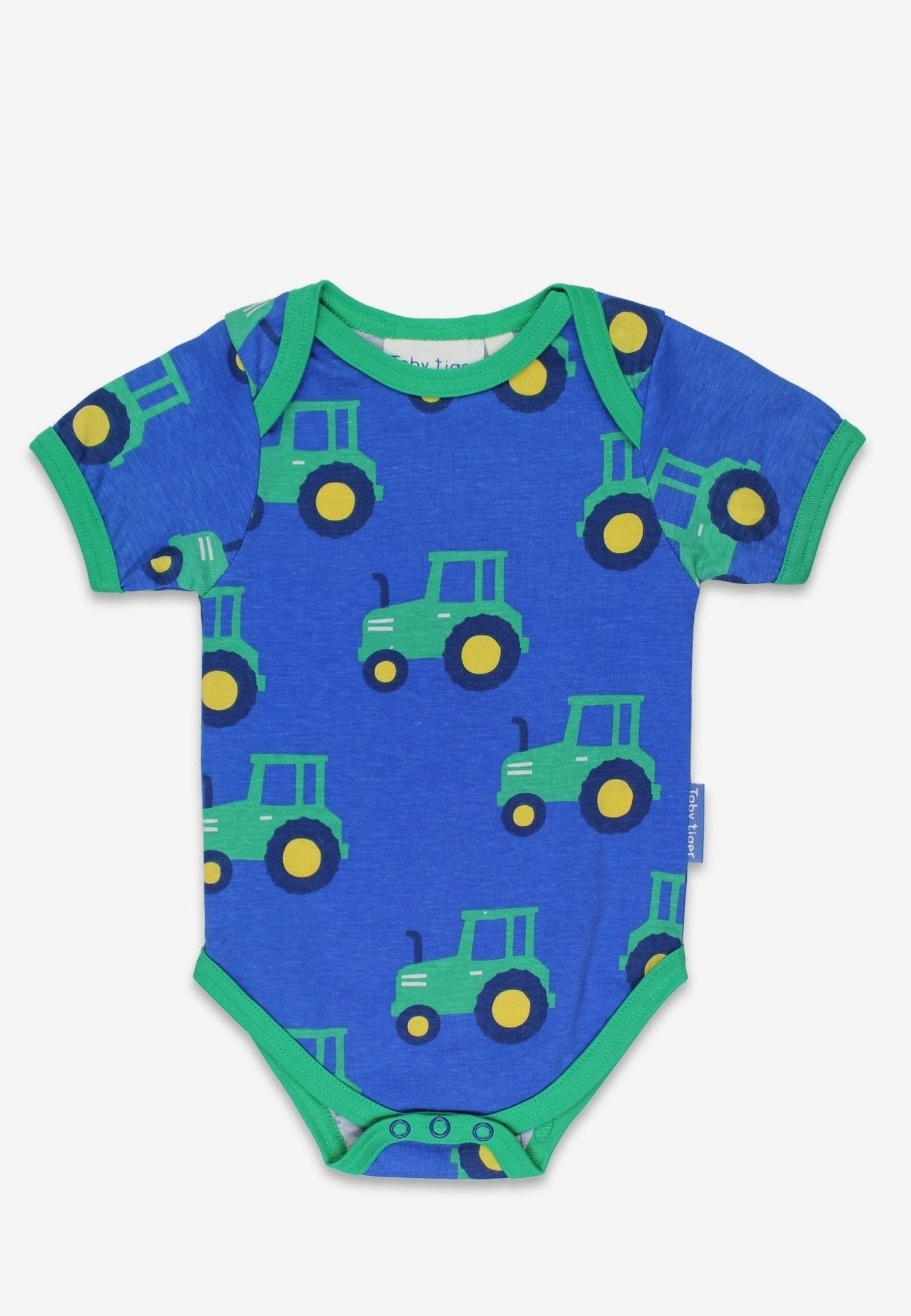 Toby Tiger Blue/Green Organic Hillside Tractor Print Baby Body - 0-3M / 56Cm