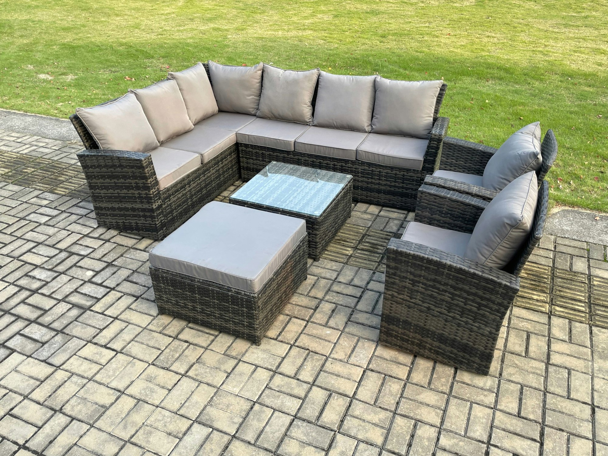 Rackhams Dark/Grey Rattan Garden Furniture Set Outdoor Lounge Corner Sofa Set With Square Coffee Table Big Footstool 2 Armchairs 9 Seater Mixed