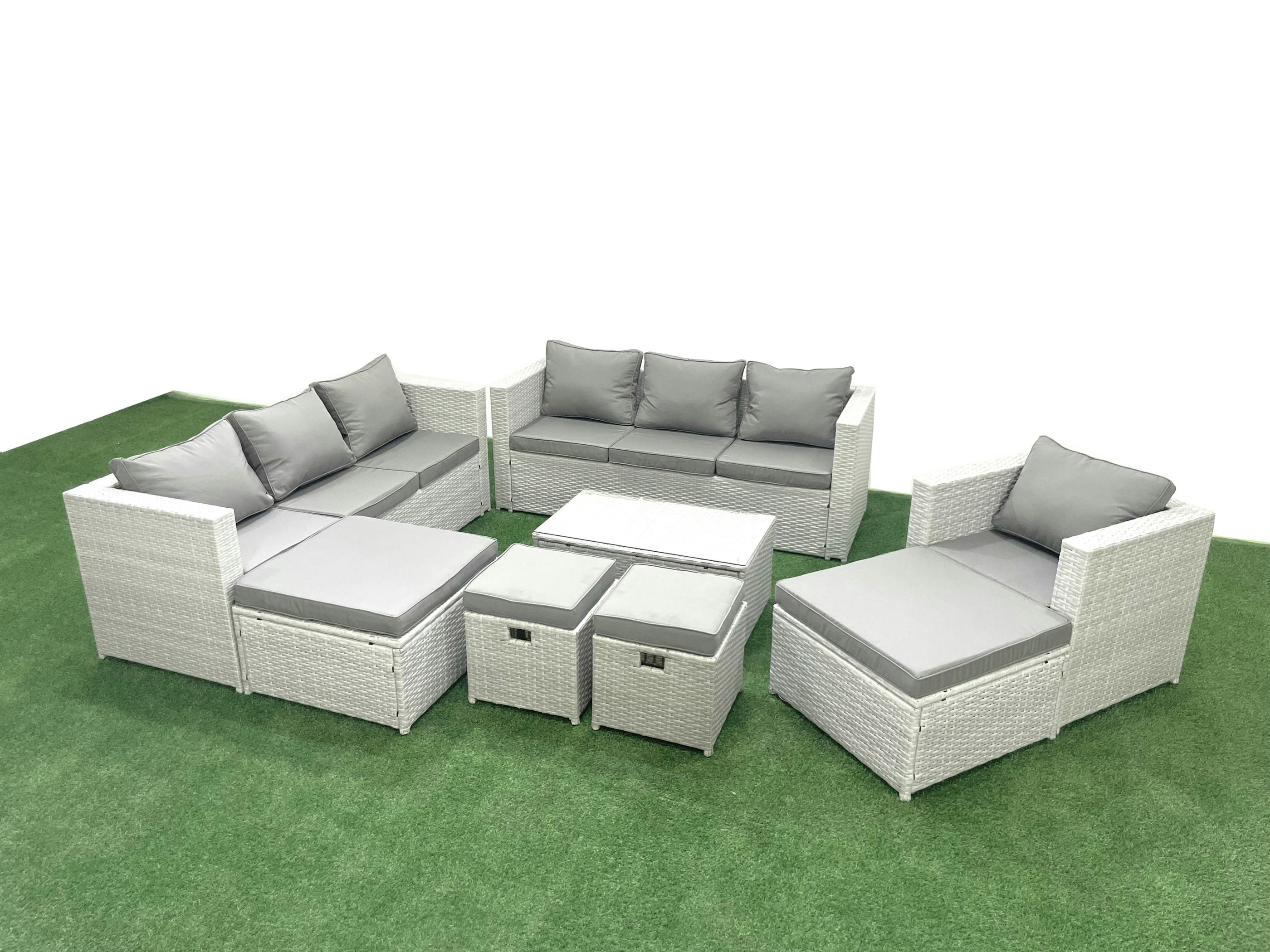 Rackhams Light/Grey Rattan Garden Furniture Set 8 Pieces Outdoor Garden Sofa Chair Coffee Table Set With 4 Footstools Mixed