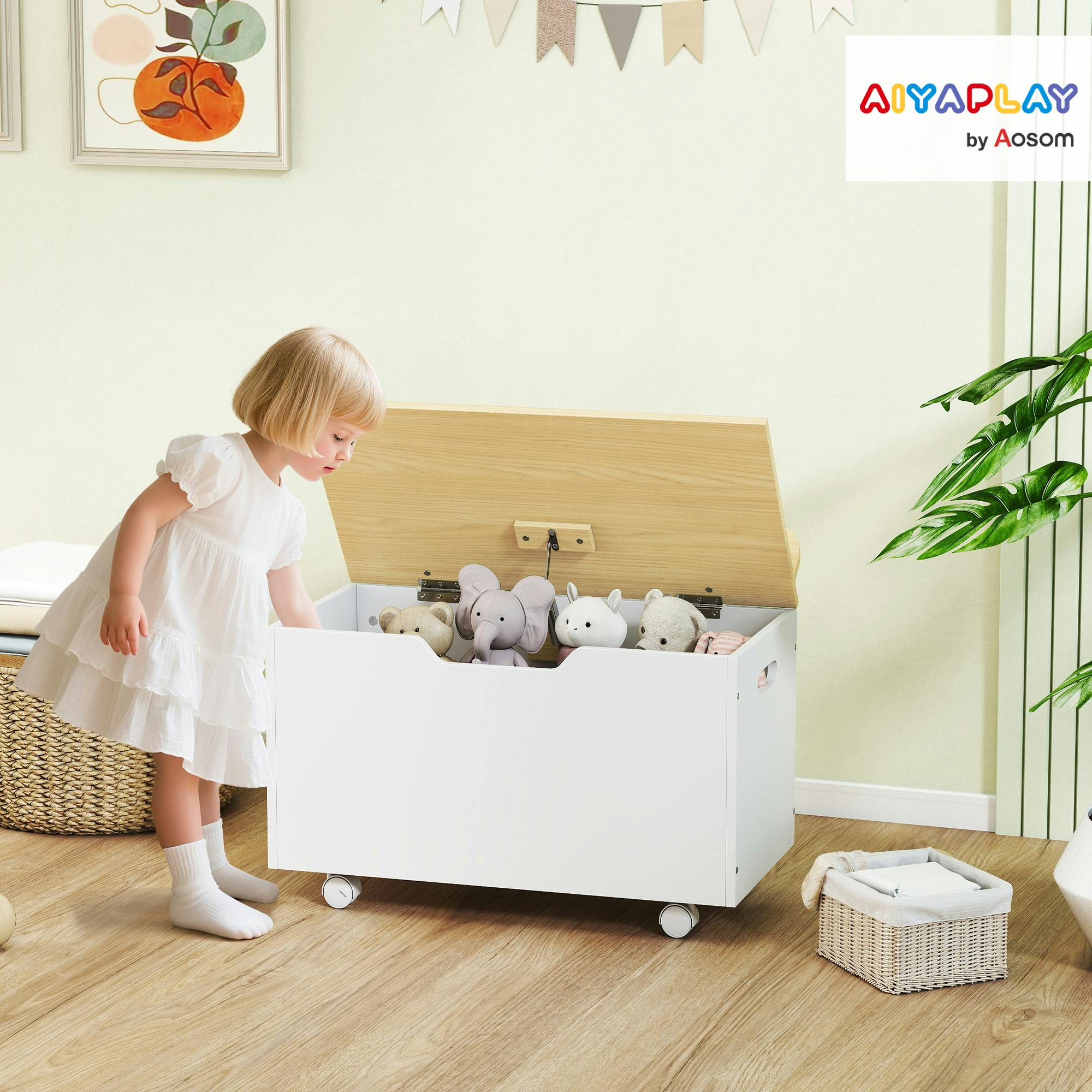 Rackhams White Toy Box For Kids, Toy Chest With Wheels And Safety Hinges,