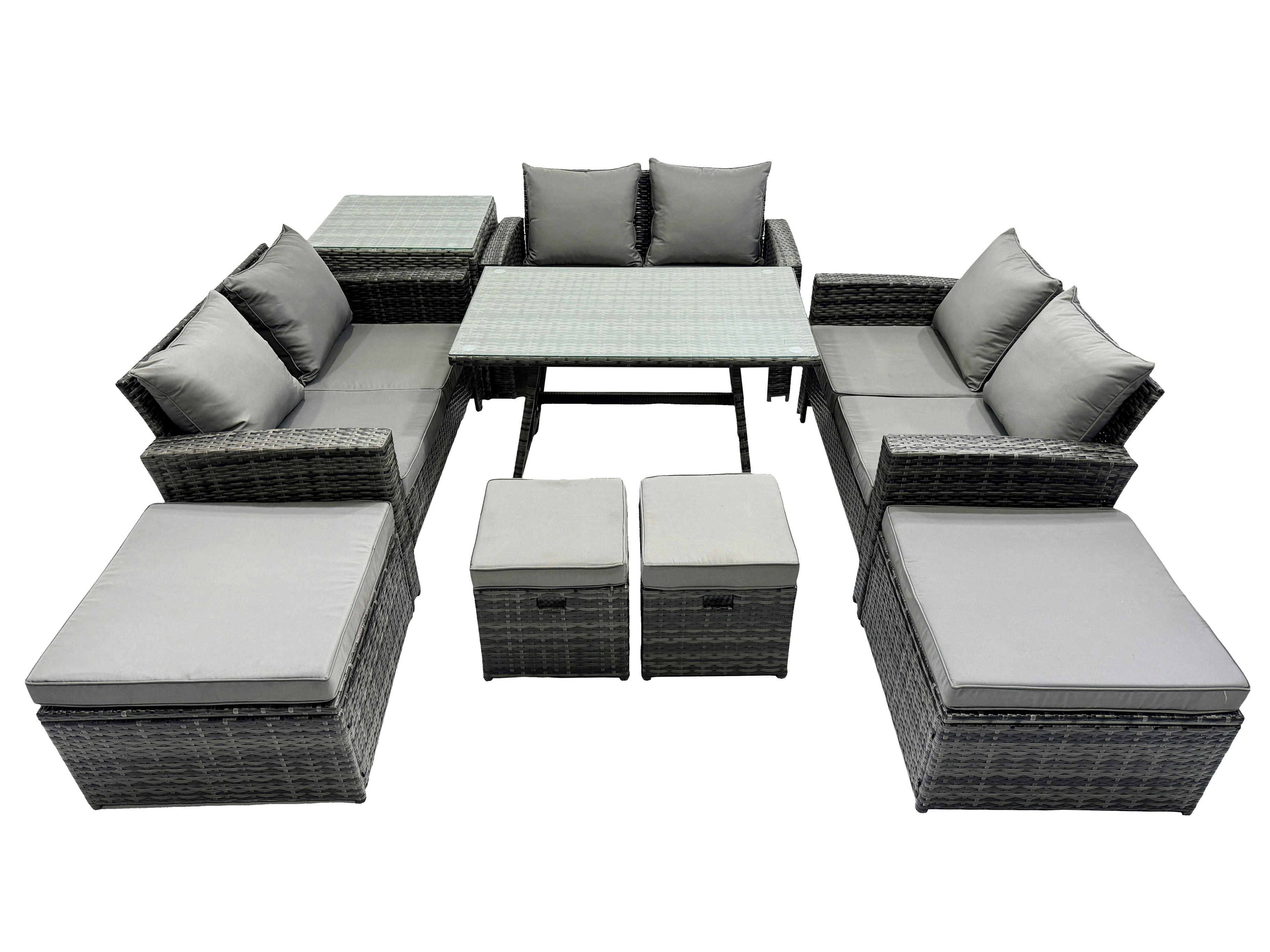Fimous Dark/Grey 10 Seater Wicker Pe Rattan Furniture Outdoor Dining Table Double Seat Sofa 4 Stools Side Table Set Mixed