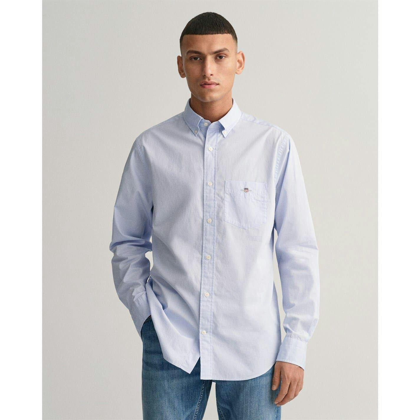 Gant Men's Blue Poplin Shirt - Pale - Xxl - Pale - 100% Cotton Poplin