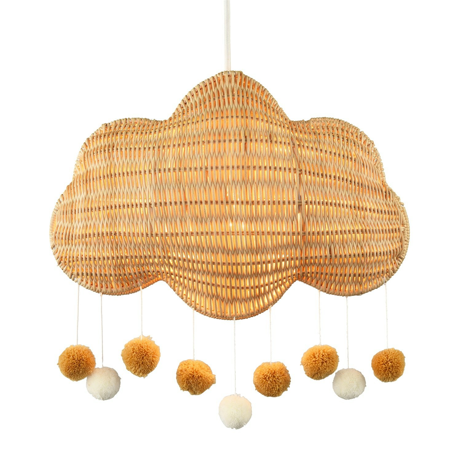 Happy Homewares Light Cloud Shaped Childrens Rattan Pendant Shade With Pom Pom Balls