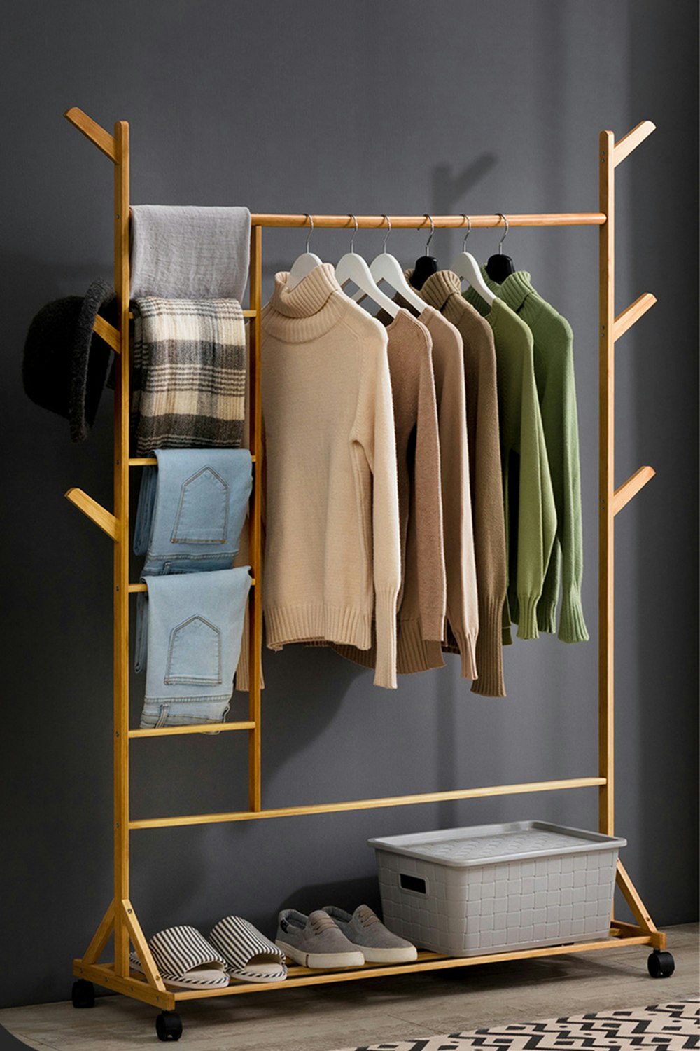 Rackhams Stylish Bamboo Clothes Rack With Bottom Shelf Versatile Shoe And Clothing Organizer - Natural
