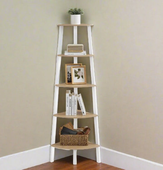 Rackhams White 5-Tier Corner Shelf Unit, Oak & Ladder Shelf For Living Room Or Bedroom