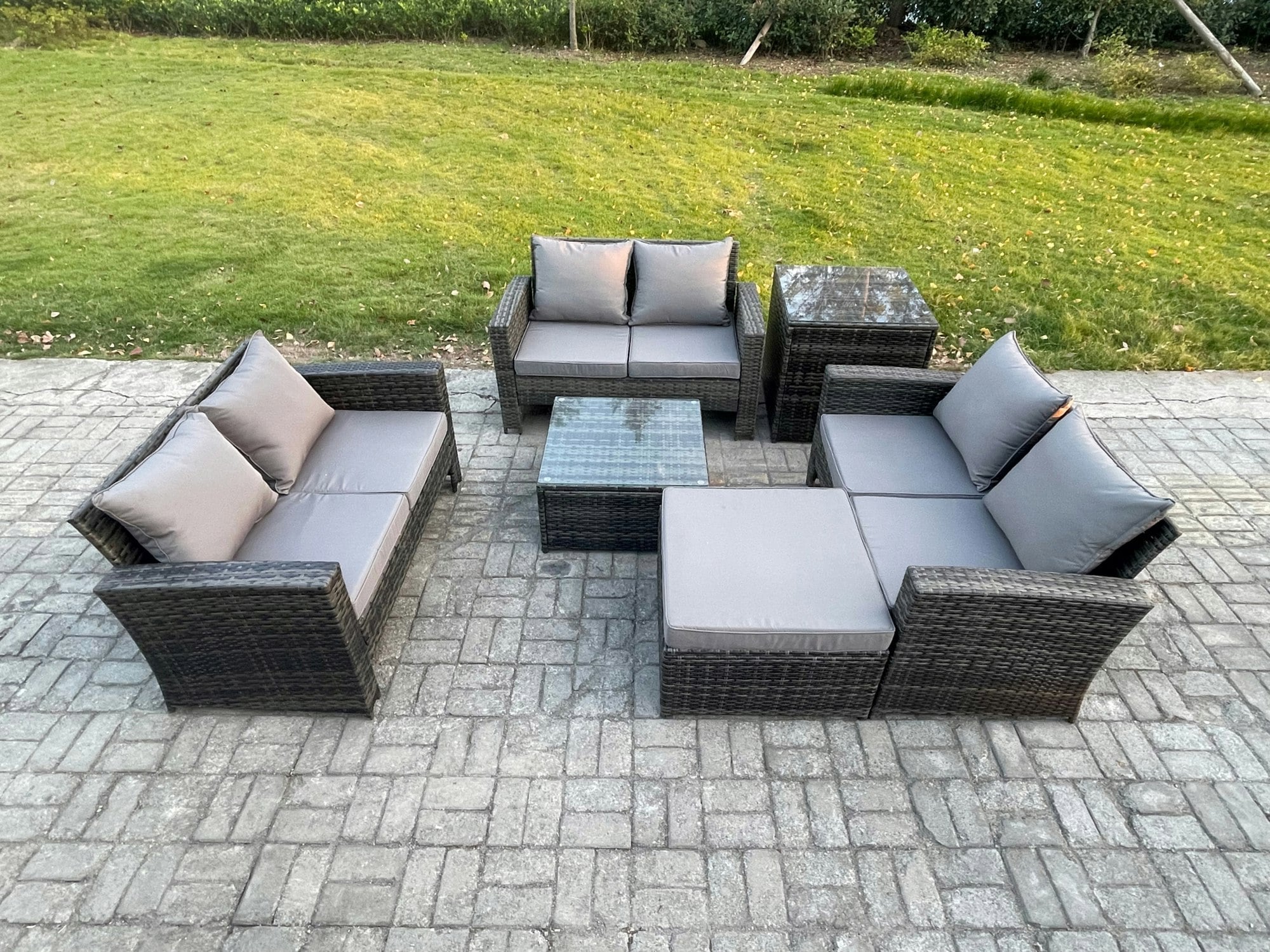 Fimous Dark/Grey 7 Seater Rattan Wicker Garden Furniture Patio Conservatory Sofa Set With Square Coffee Table Double Seat Sofa Big Footstool Side Table